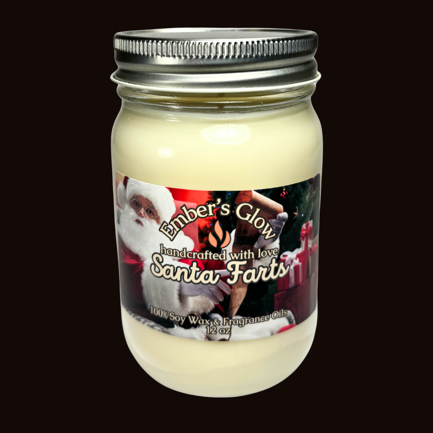 12 oz Santa Farts soy candle in a glass jar, hand-poured with natural soy wax, delivering a playful and surprising holiday fragrance.