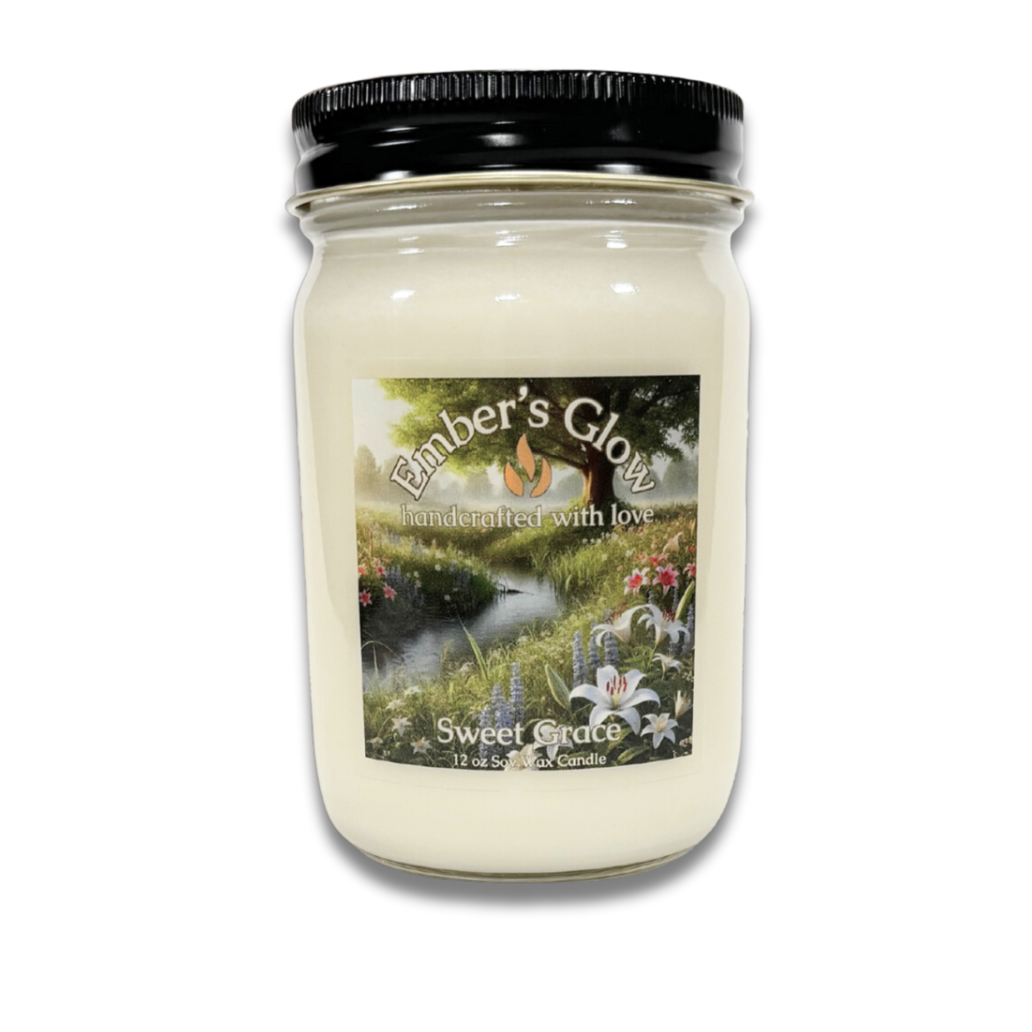 12 oz Sweet Grace soy candle in a glass jar, hand-poured with natural soy wax, offering a soft and uplifting fragrance blend.
