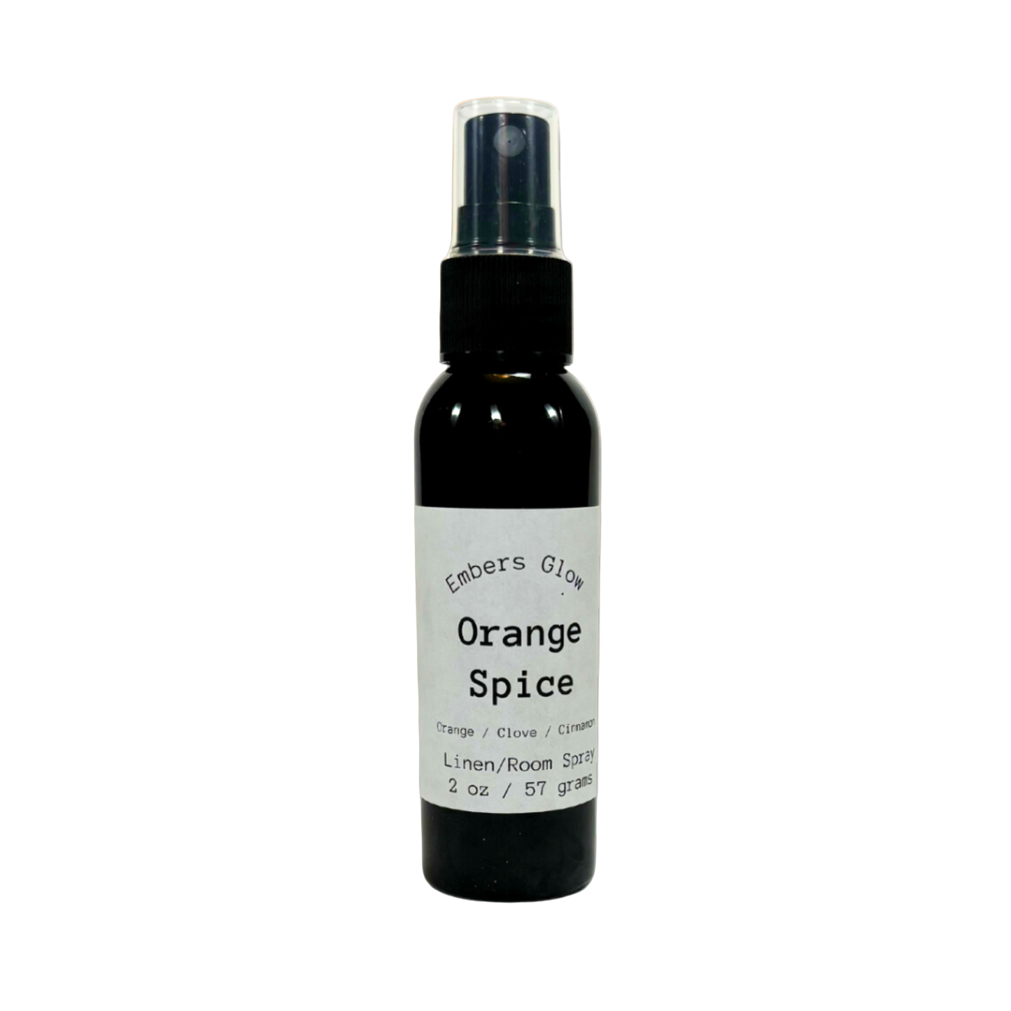 2 oz bottle of Orange Spice room spray, with bright orange zest, warm cinnamon, and clove, finished with soft vanilla and sandalwood undertones—perfect for adding a cozy, festive touch to any space.