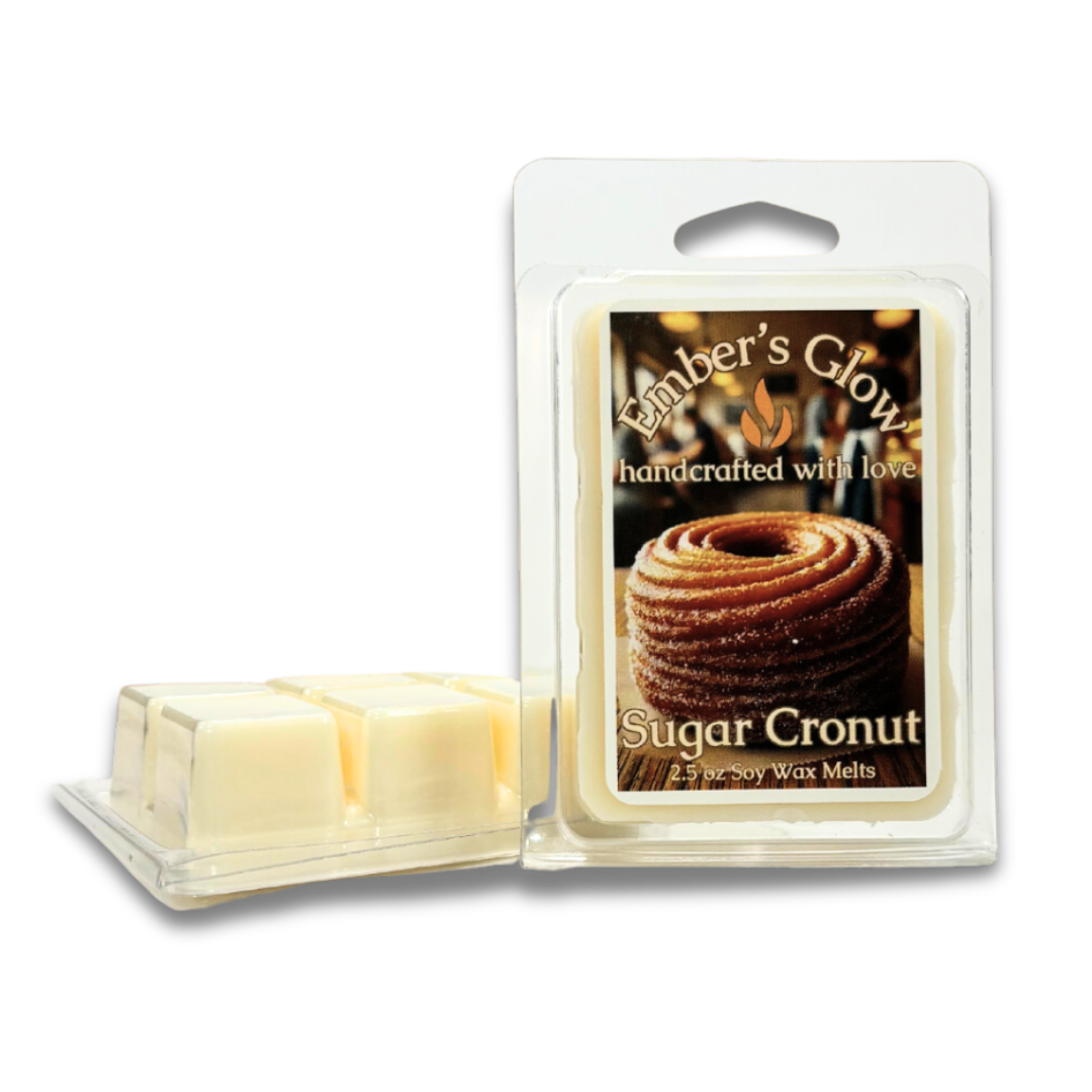 2.5 oz Sugar Cronut soy wax melts with 6 cubes, offering a delightful blend of buttery pastry, cinnamon sugar, and vanilla glaze, made from natural soy for a long-lasting, eco-friendly fragrance.
