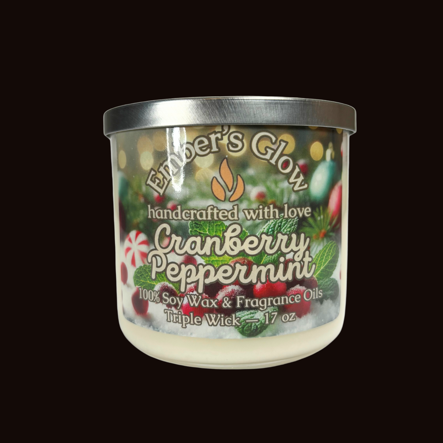 Hand-poured 17 oz three-wick soy wax candle in the Cranberry Peppermint scent, blending tart cranberry with cool peppermint for a refreshing and festive winter fragrance.