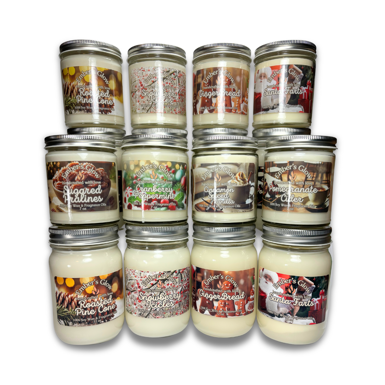 Winter collection of handcrafted soy candles, wax melts, room sprays, and linen sprays, featuring festive seasonal scents like Cranberry Peppermint, Cozy Hearth, and Vanilla Sugar Cookie, perfect for creating a warm and inviting holiday atmosphere.