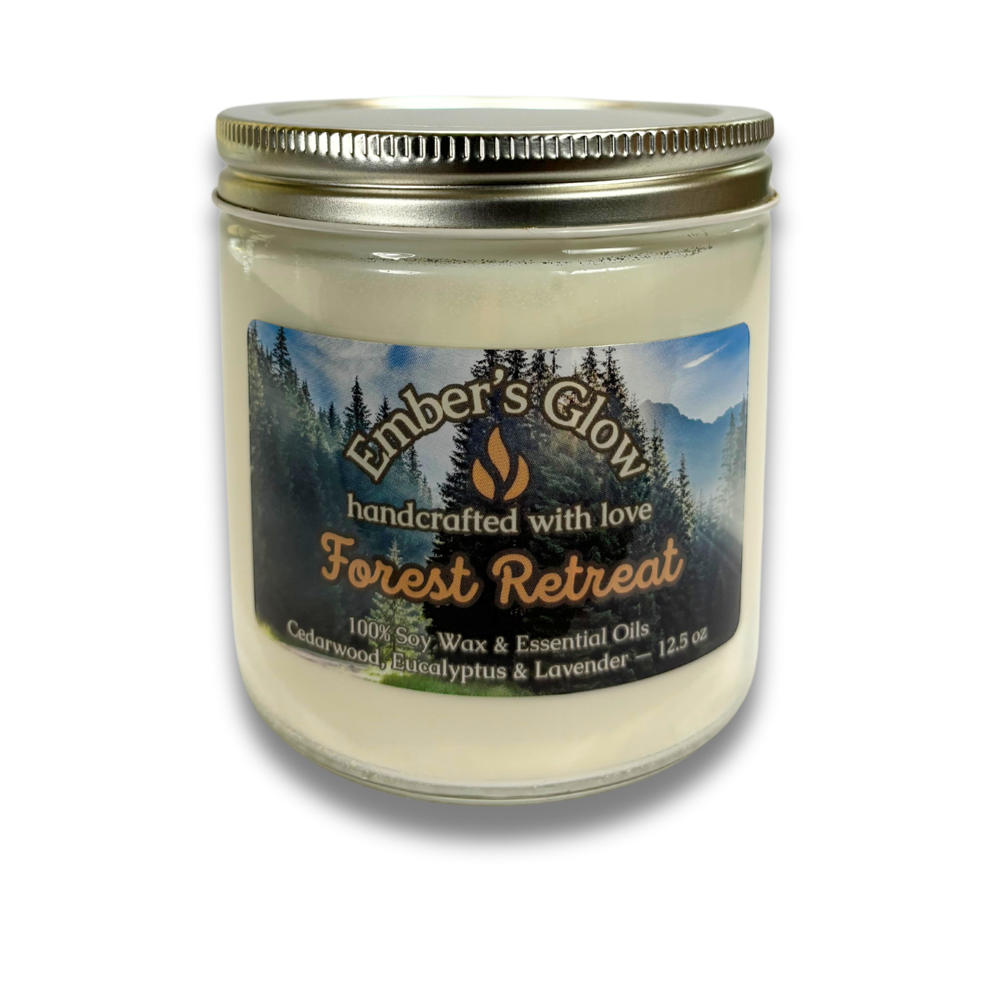 12.5 oz Forest Retreat Essential Oil Soy Candle – Cedarwood, Eucalyptus, and Lavender.