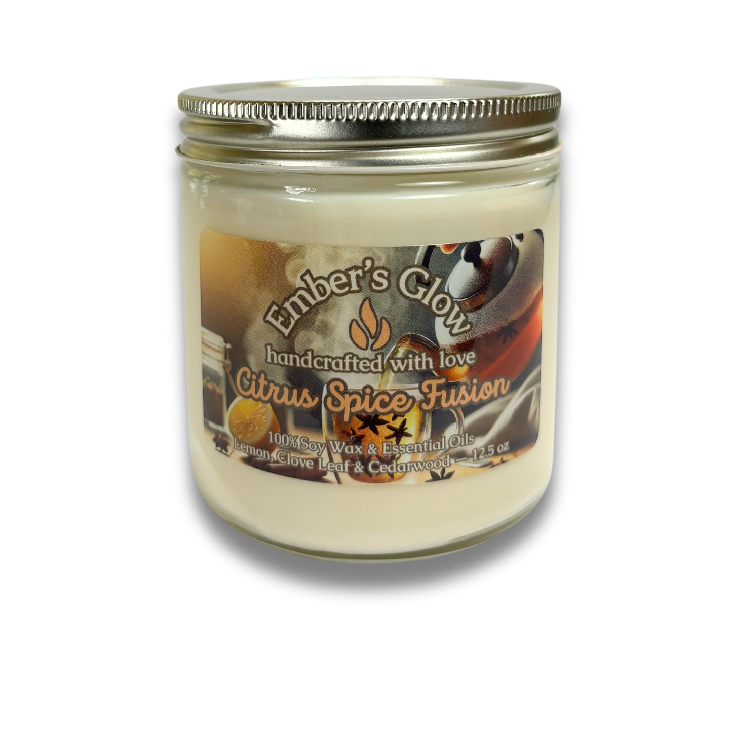 12.5 oz Citrus Spice Fusion Essential Oil Soy Candle – Lemon, Clove Leaf, and Cedarwood.