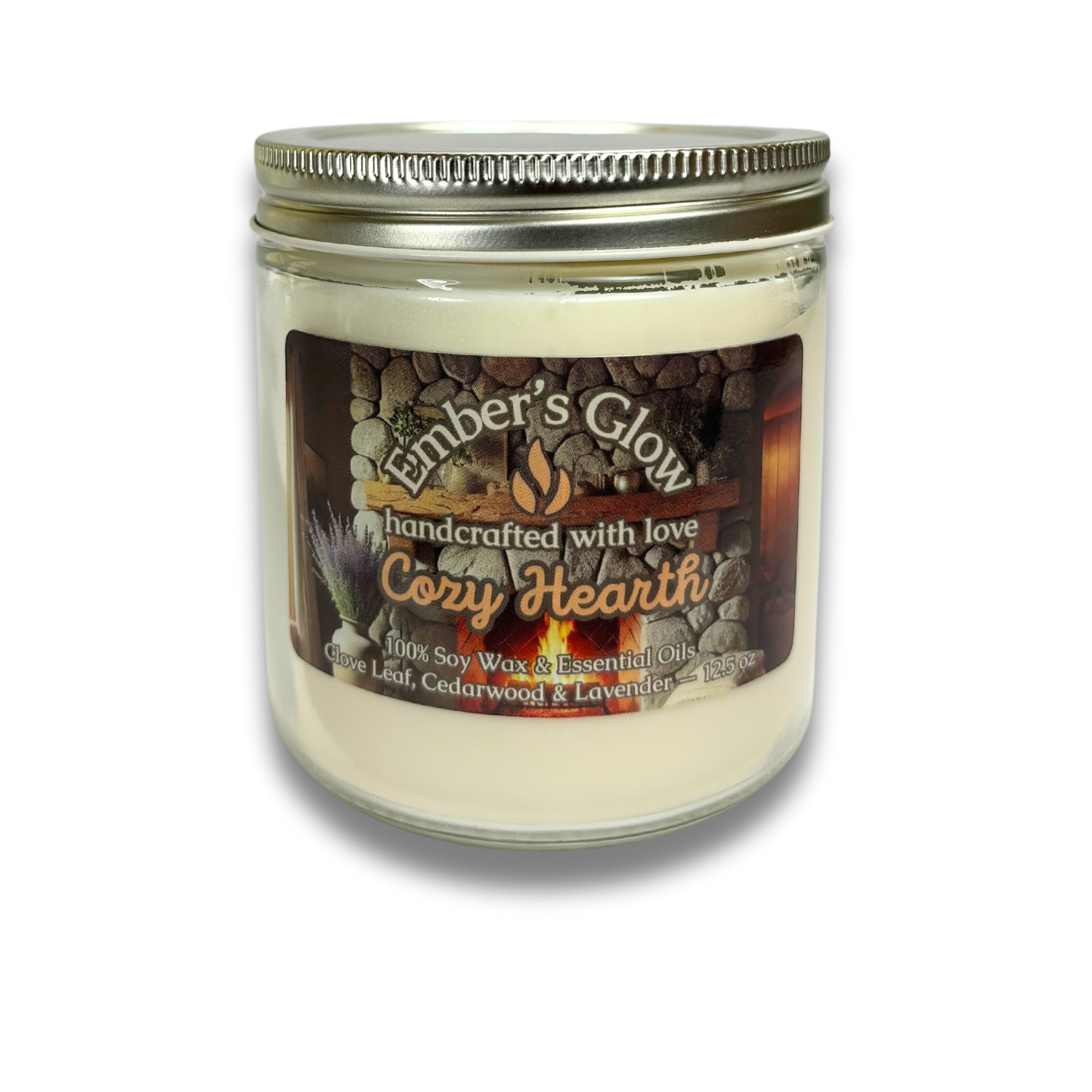 12.5 oz Cozy Hearth Essential Oil Soy Candle – Clove Leaf, Cedarwood, and Lavender.