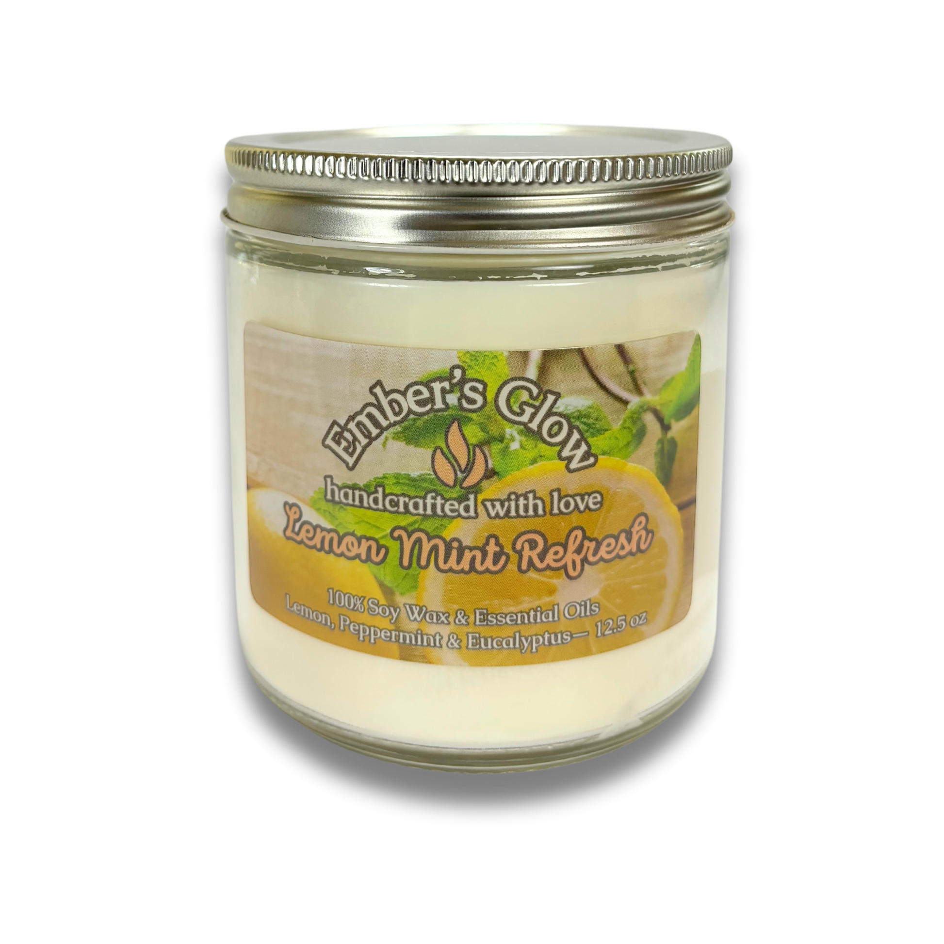 12.5 oz Lemon Mint Refresh Essential Oil Soy Candle – Lemon, Peppermint, and Eucalyptus.