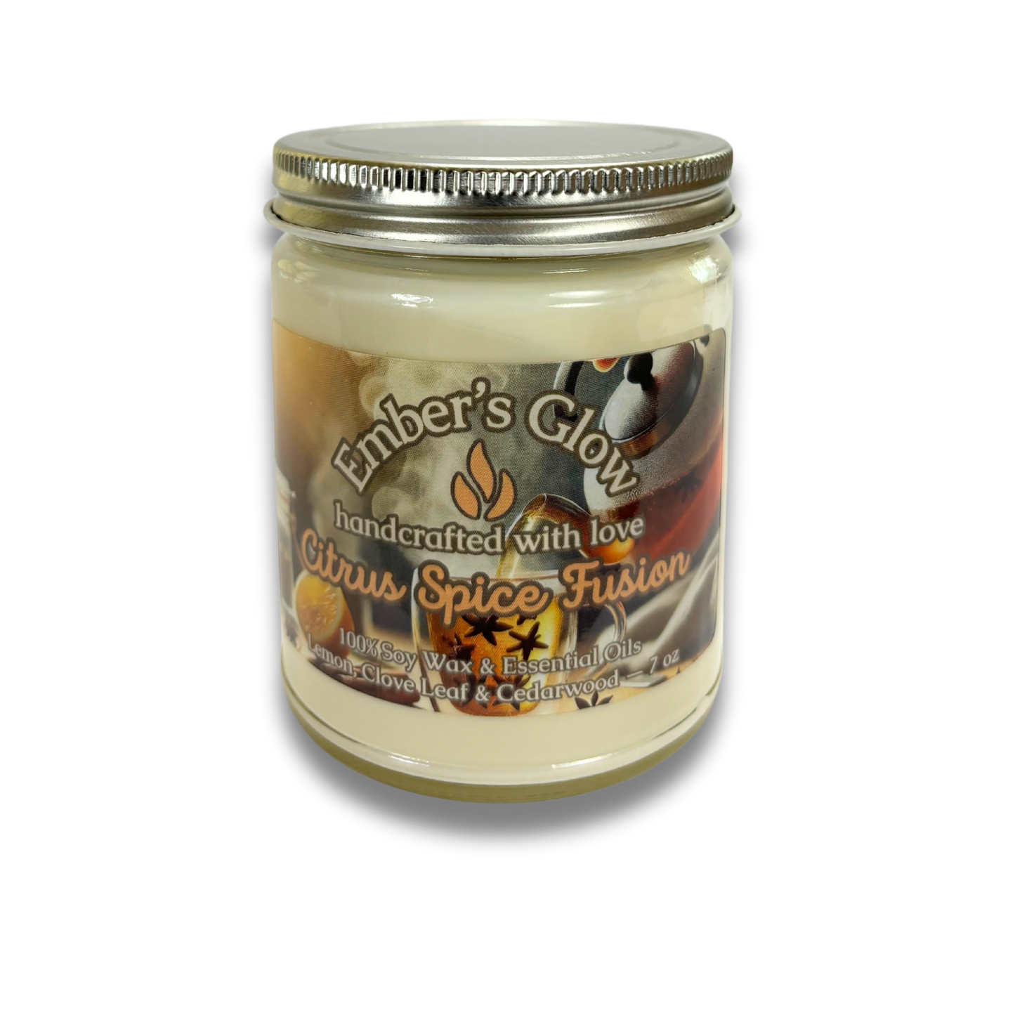 7 oz Citrus Spice Fusion Essential Oil Soy Candle – Lemon, Clove Leaf, and Cedarwood.