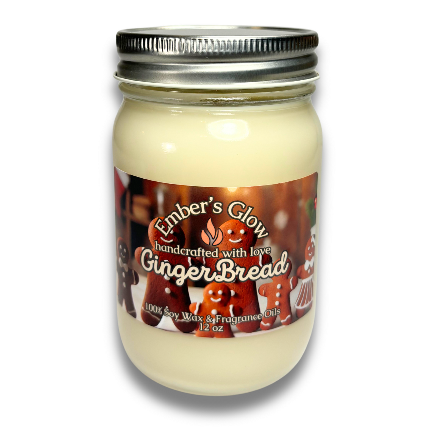 12 oz Gingerbread soy candle in a glass jar, hand-poured with natural soy wax, capturing the cozy scent of spiced baked cookies.