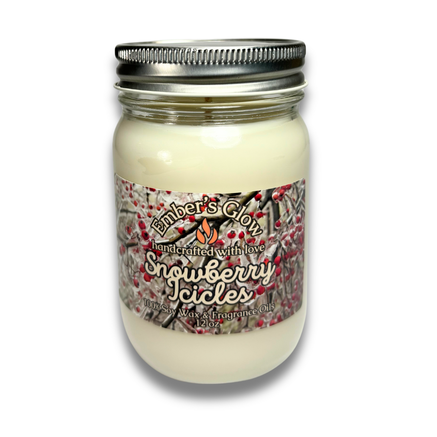 12 oz Snowberry Icicles soy candle in a glass jar, hand-poured with natural soy wax, offering a refreshing winter berry fragrance.