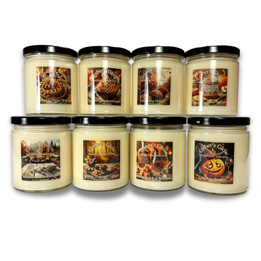 Fall candle collection featuring 8 oz soy candles with seasonal scents like pumpkin, cinnamon, and apple