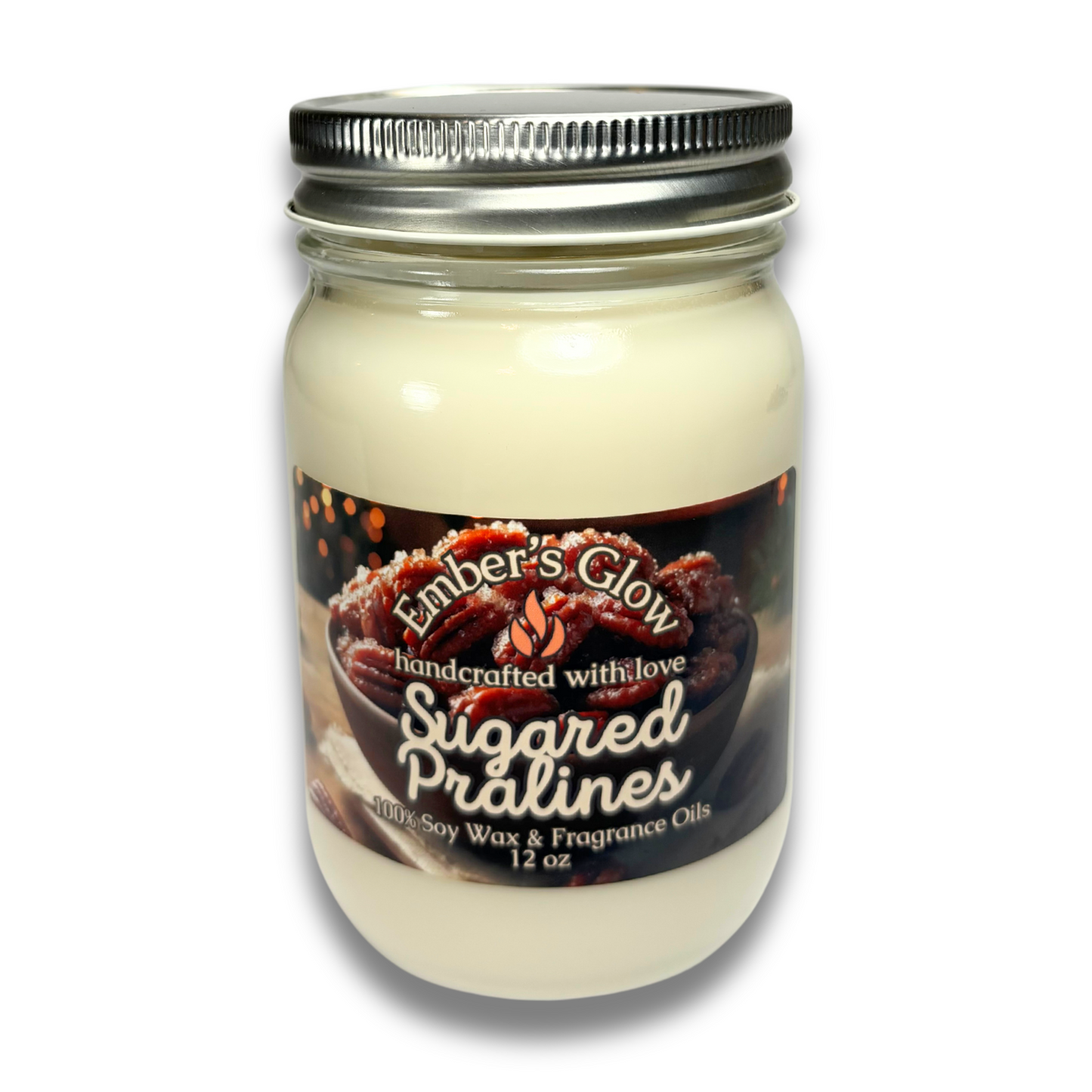 12 oz Sugared Pralines soy candle in a glass jar, hand-poured with natural soy wax, filled with a warm, sweet nutty aroma.