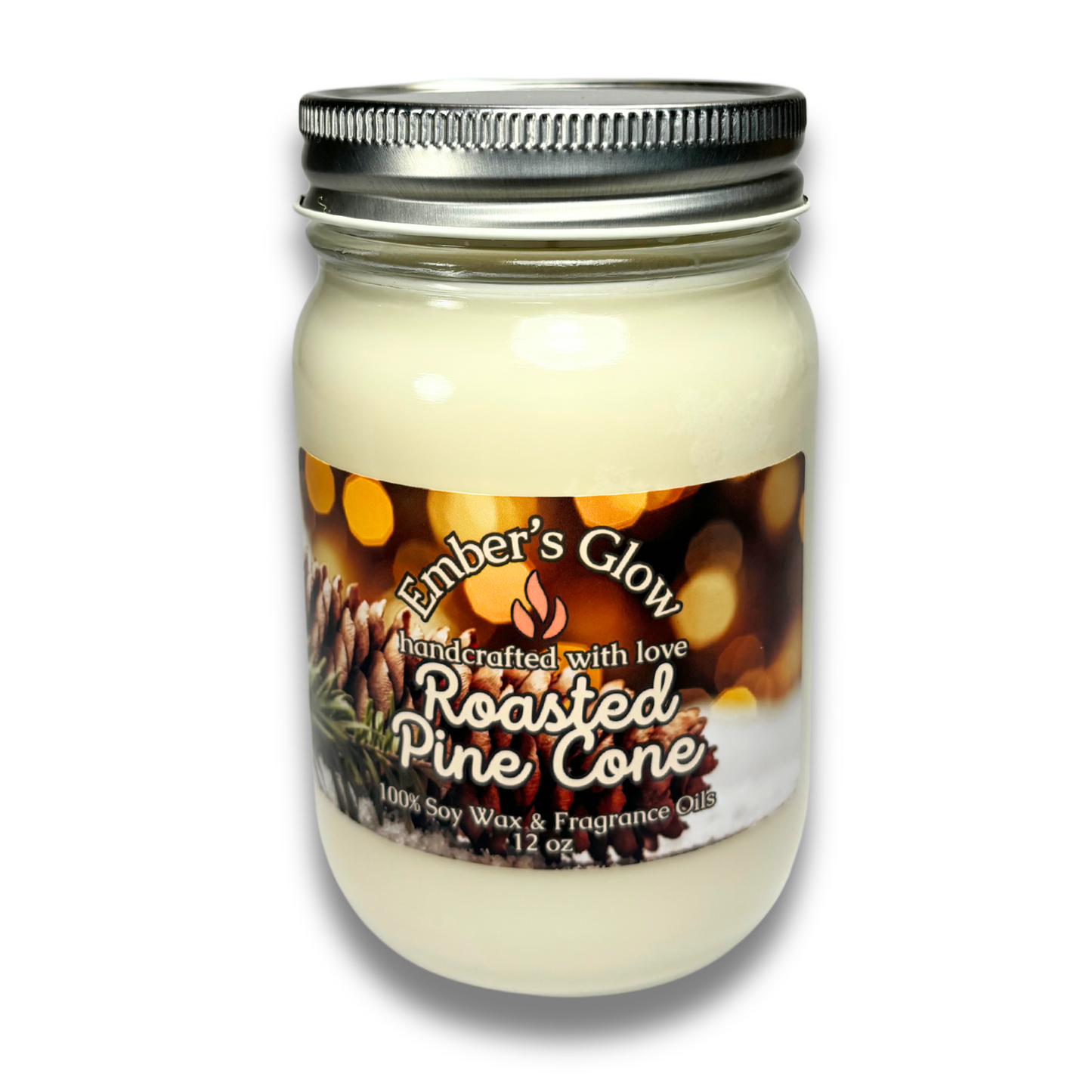 12 oz Roasted Pine Cone soy candle in a glass jar, hand-poured with natural soy wax, evoking the essence of toasted pine needles.