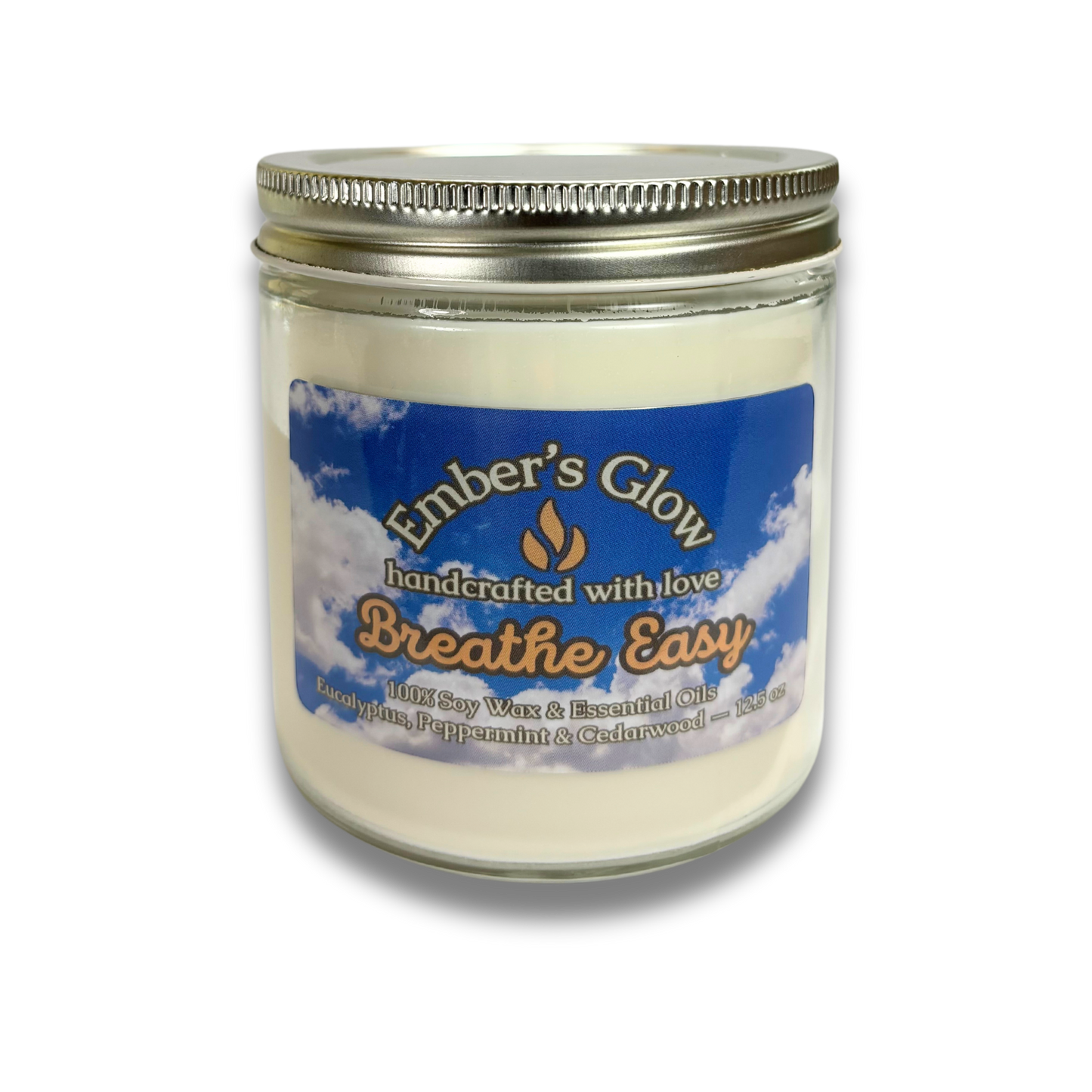 12.5 oz Breathe Easy Essential Oil Soy Candle – Eucalyptus, Peppermint, and Cedarwood.