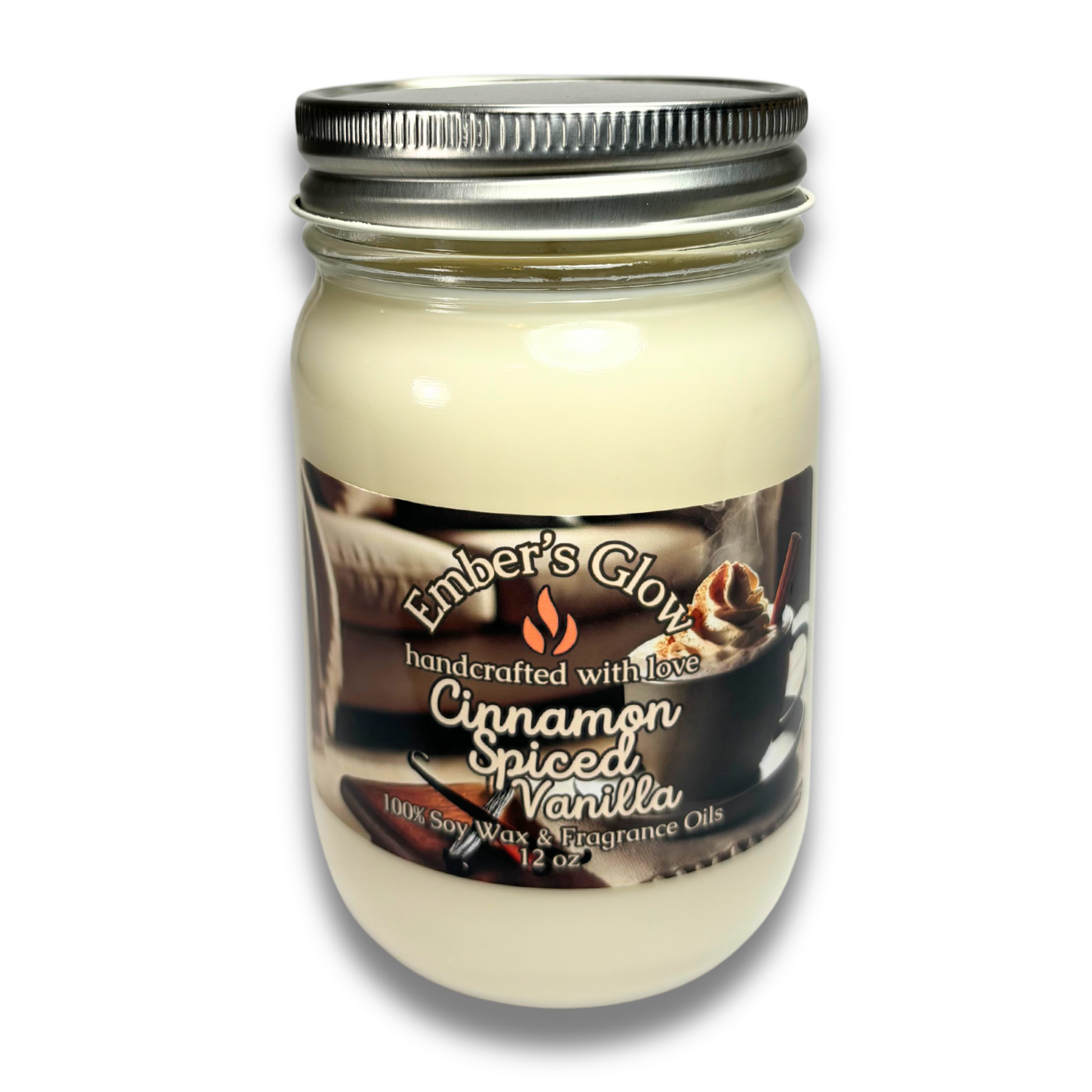 12 oz Cinnamon Spiced Vanilla soy candle in a glass jar, hand-poured with natural soy wax, blending warm cinnamon with smooth vanilla.