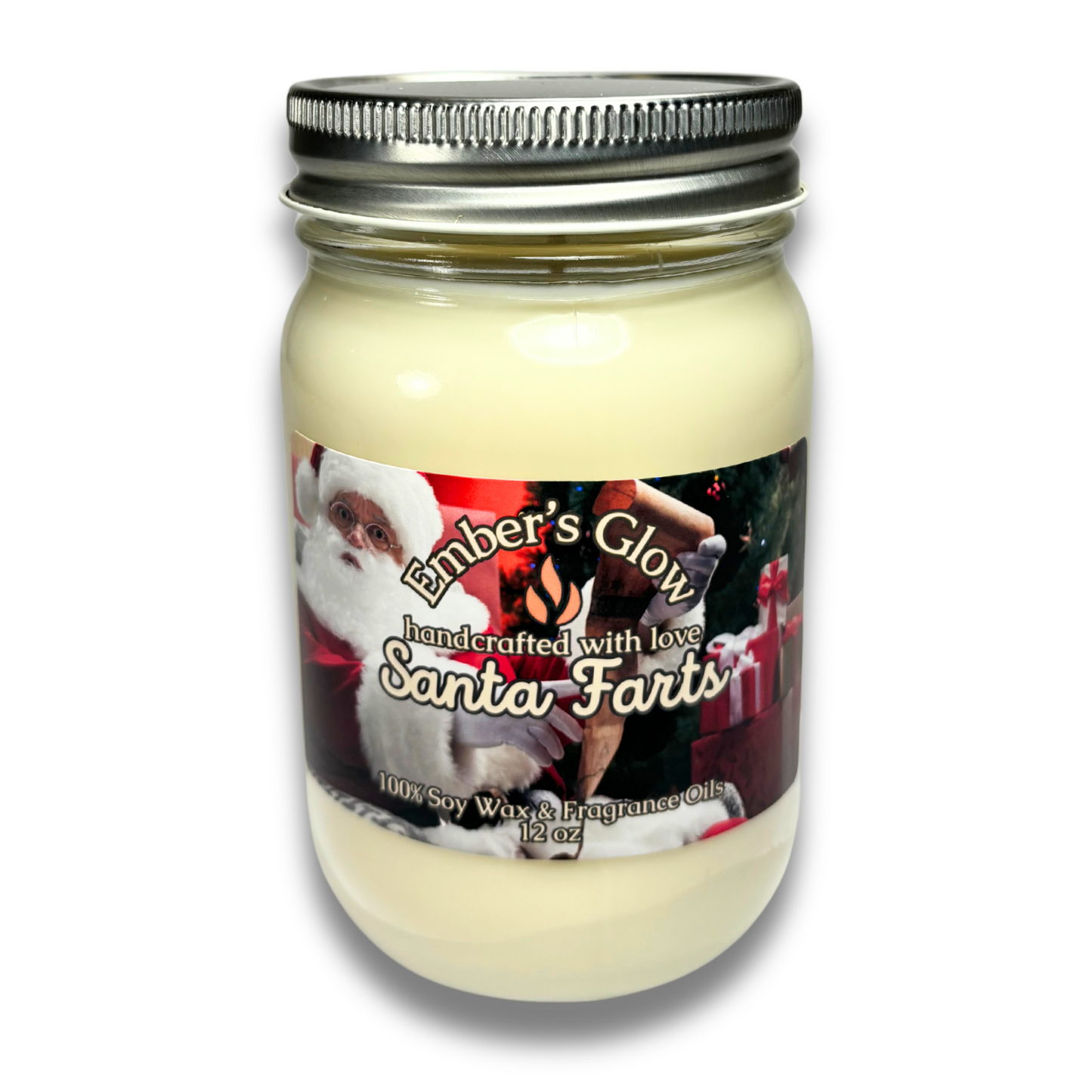 12 oz Santa Farts soy candle in a glass jar, hand-poured with natural soy wax, delivering a playful and surprising holiday fragrance.