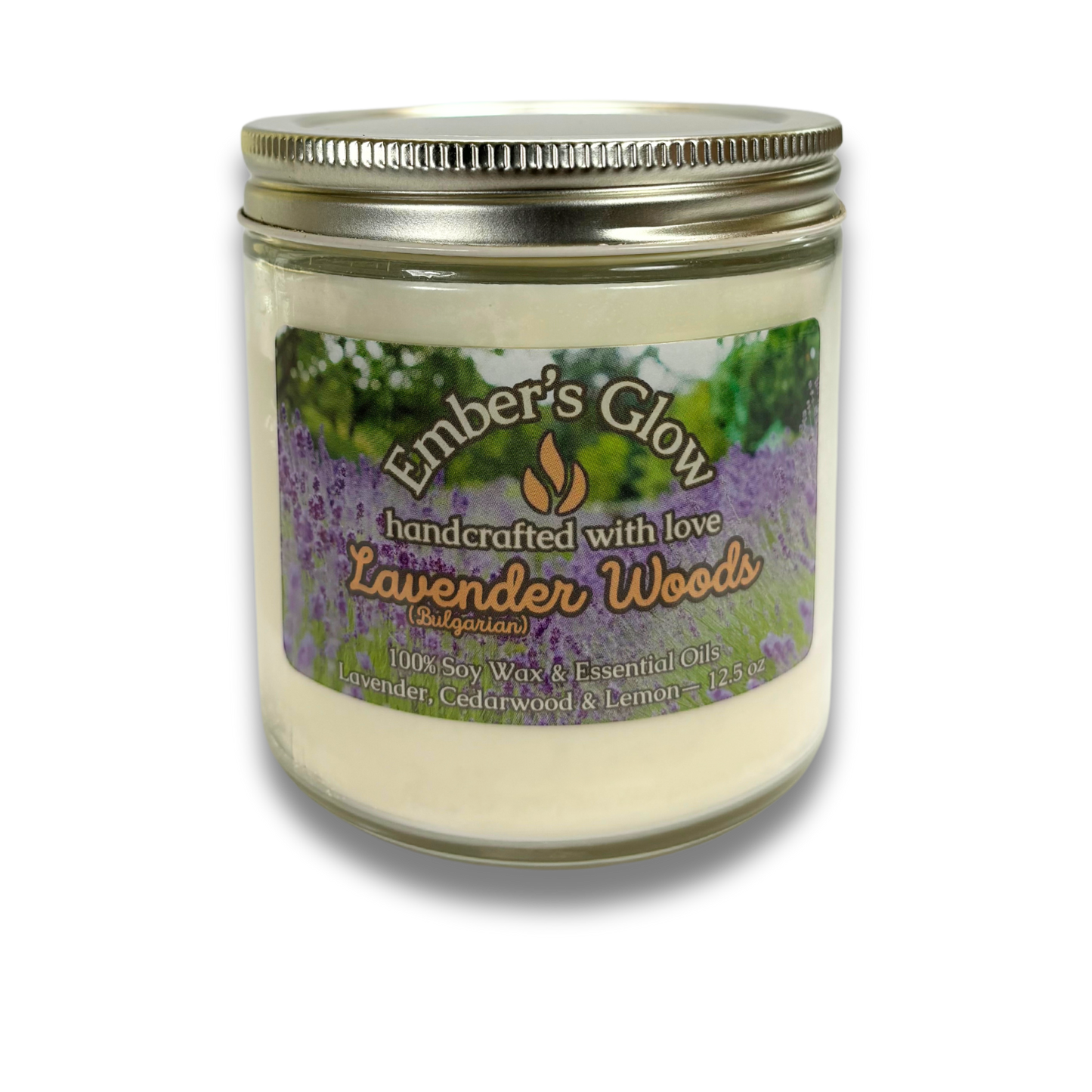 12.5 oz Lavender Woods Essential Oil Soy Candle – Lavender, Cedarwood, and Lemon.