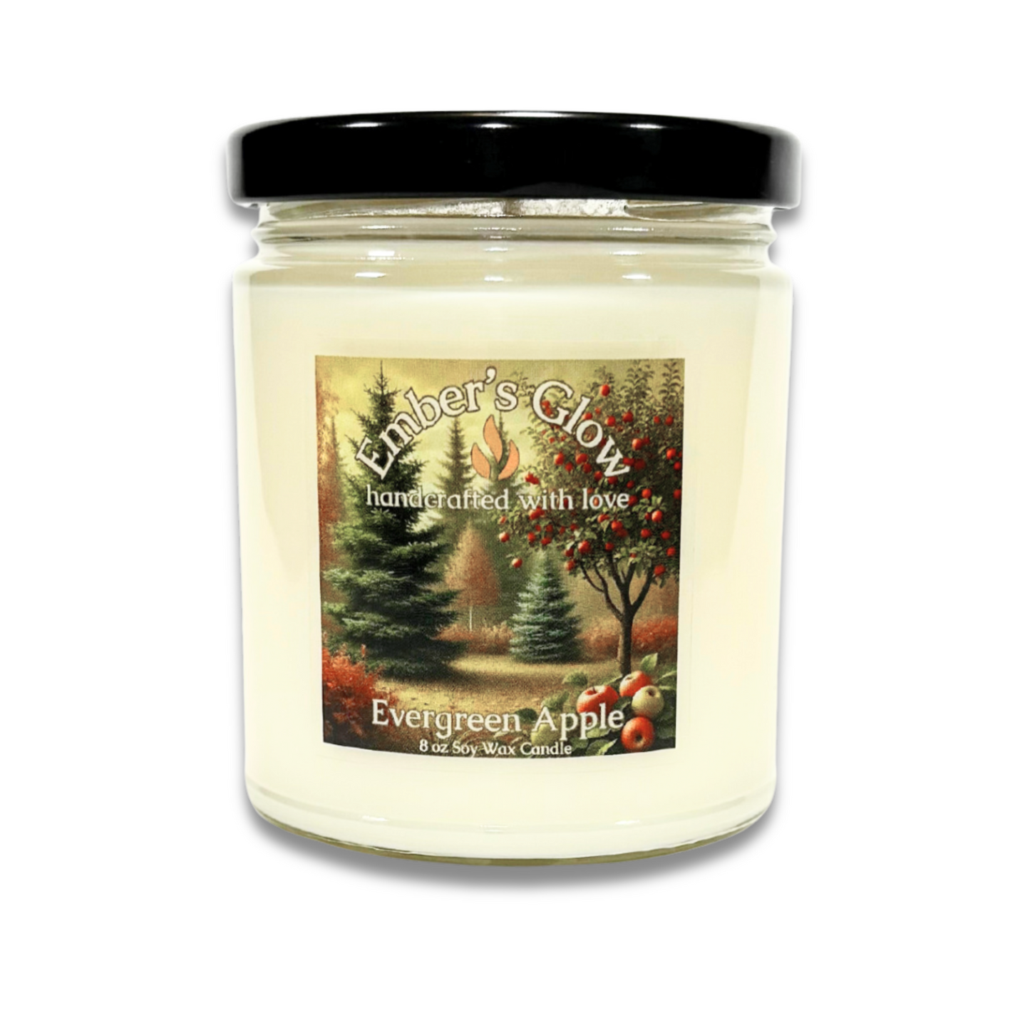 8 oz Evergreen Apple soy candle in a glass jar, hand-poured with natural soy wax for a crisp, festive scent.