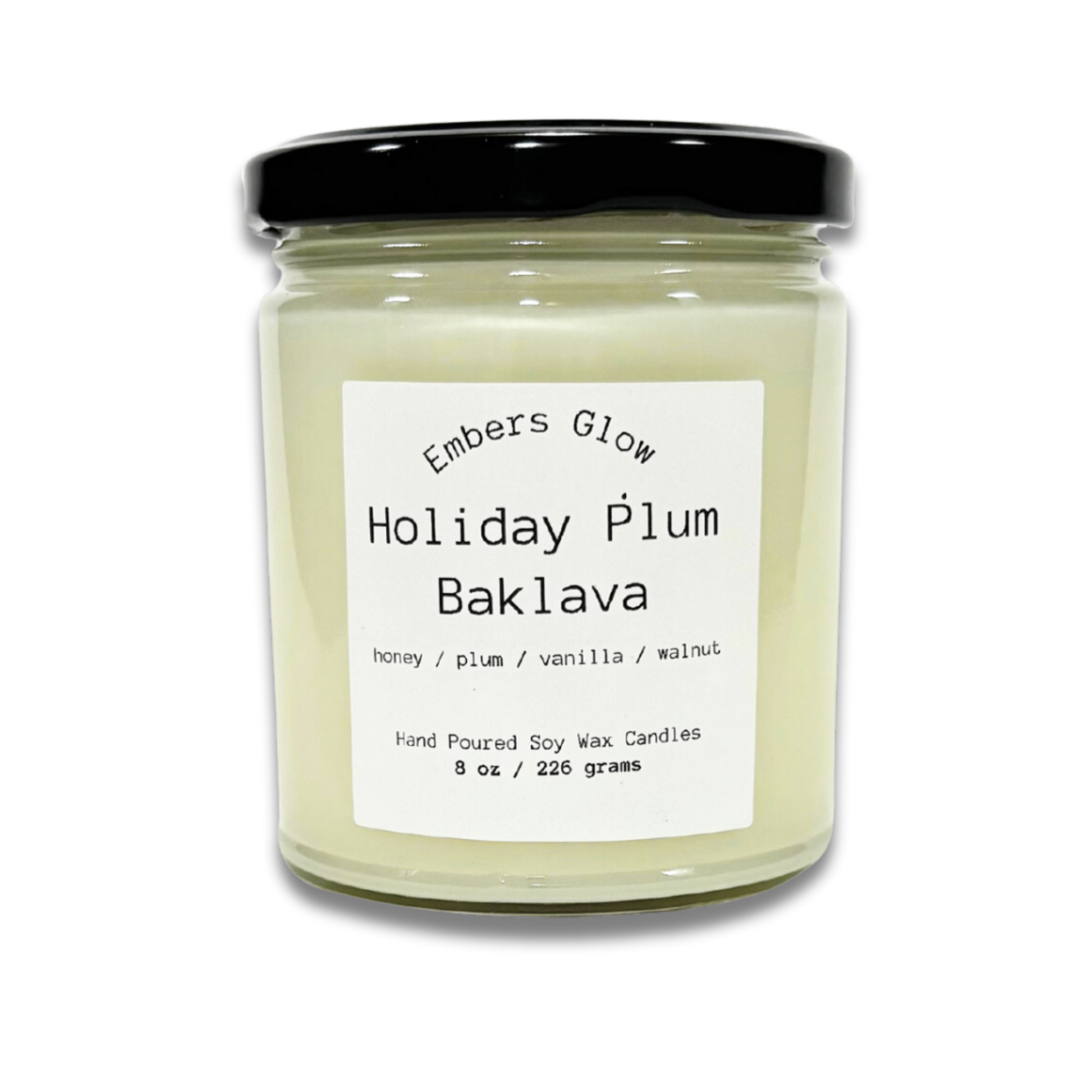 8 oz Holiday Plum Baklava soy candle in a glass jar, hand-poured with natural soy wax, blending sweet and spiced aromas.