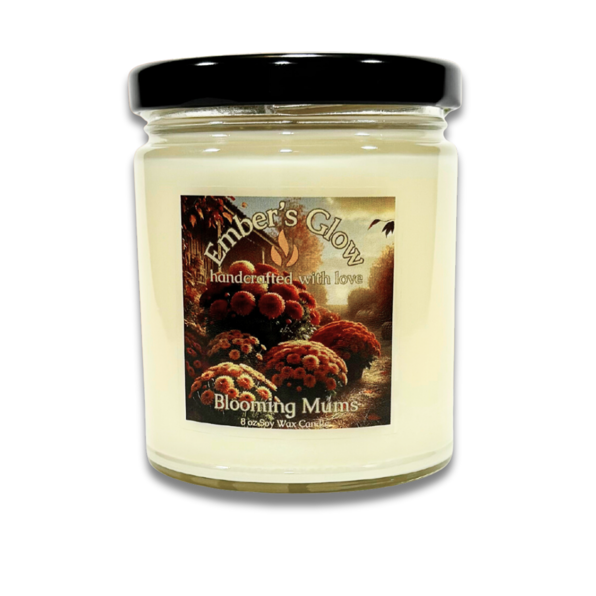 Glass jar candle with Blooming Mums scent, featuring fresh and floral chrysanthemum fragrance, ideal for creating a vibrant, uplifting atmosphere.