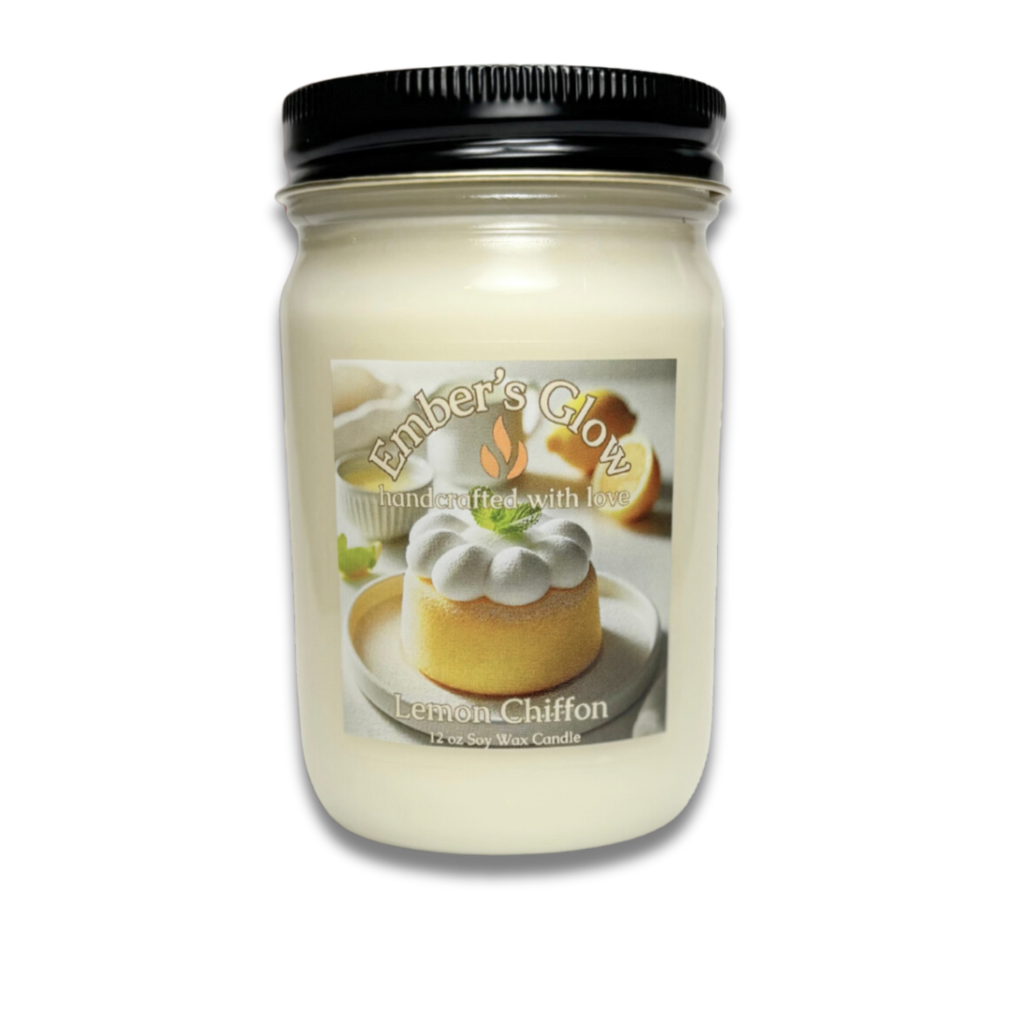 12 oz Lemon Chiffon soy candle in a glass jar, hand-poured with natural soy wax, featuring a bright and zesty citrus scent.