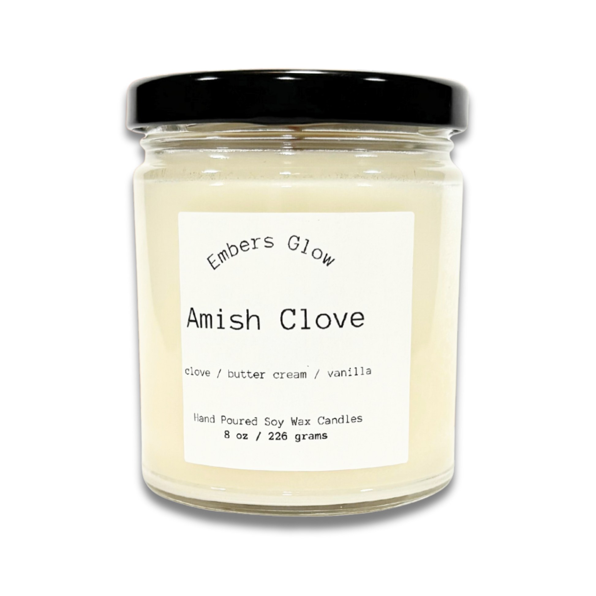 Glass jar candle with Amish Clove scent, featuring the rich and earthy fragrance of cloves, ideal for creating a cozy and rustic atmosphere.