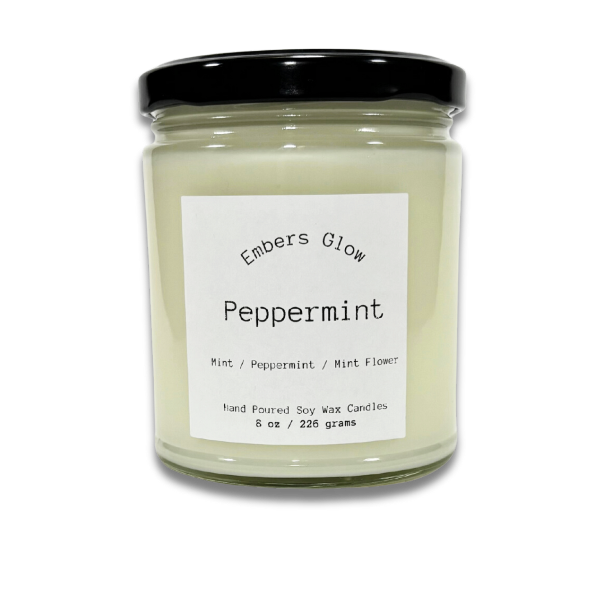 8 oz Peppermint soy candle in a glass jar, hand-poured with natural soy wax, offering a cool and refreshing fragrance.