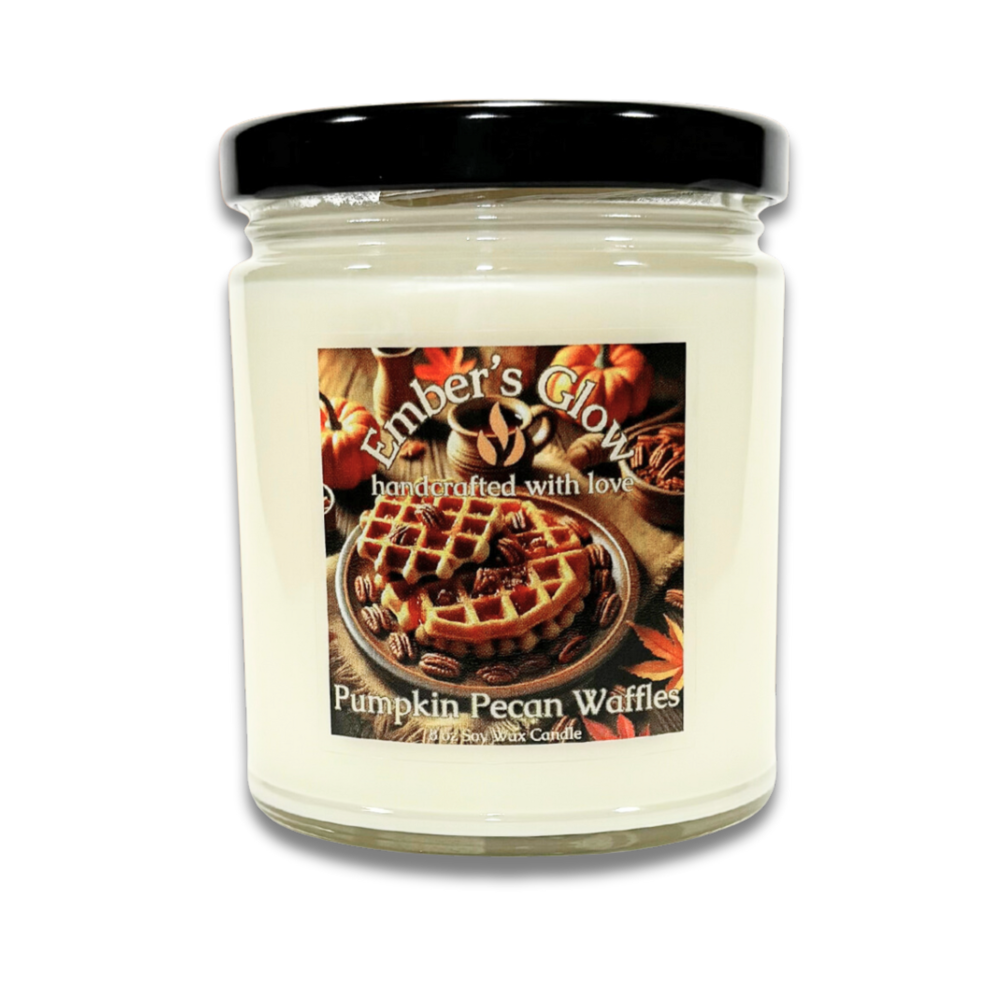 8 oz hand-poured soy candle, Pumpkin Pecan Waffles scent, in a glass jar with a cozy fall-themed label.