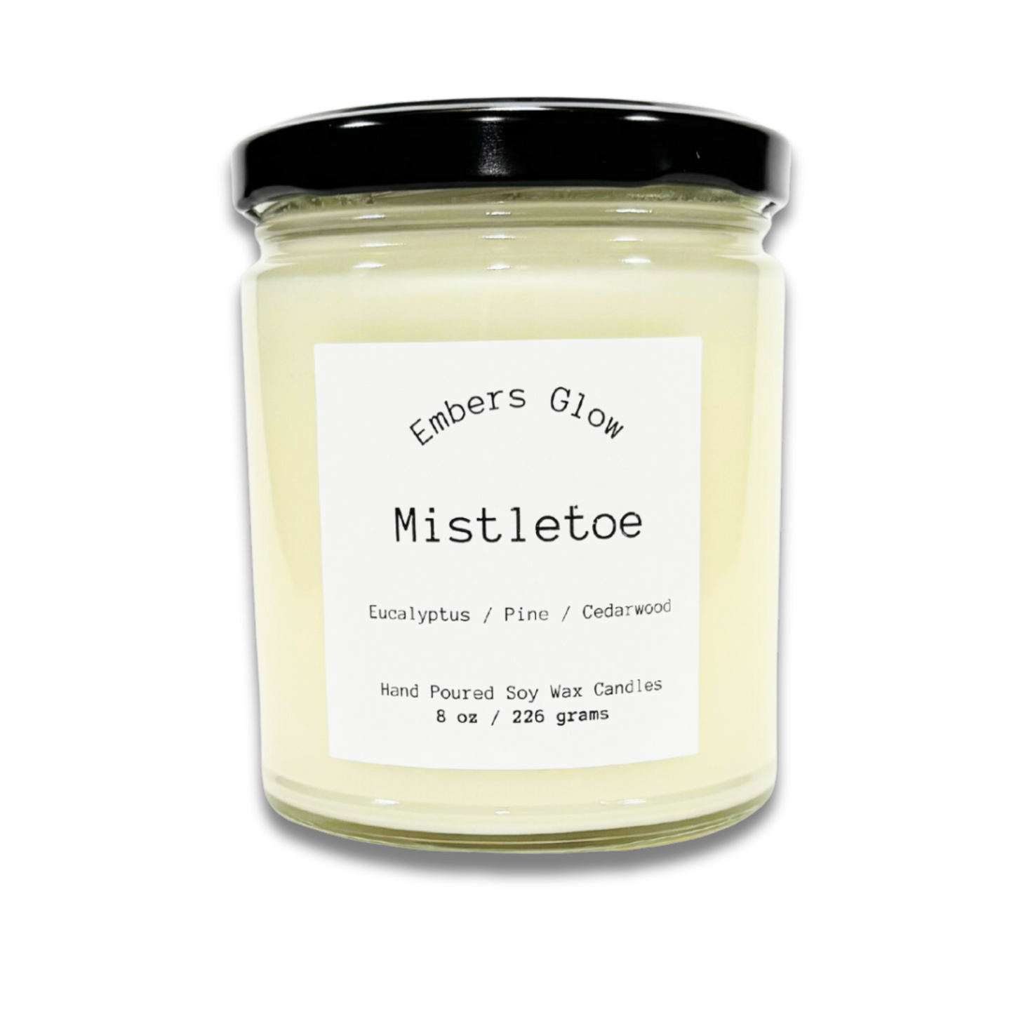 8 oz Mistletoe soy candle in a glass jar, hand-poured with natural soy wax, evoking a fresh, evergreen holiday scent.