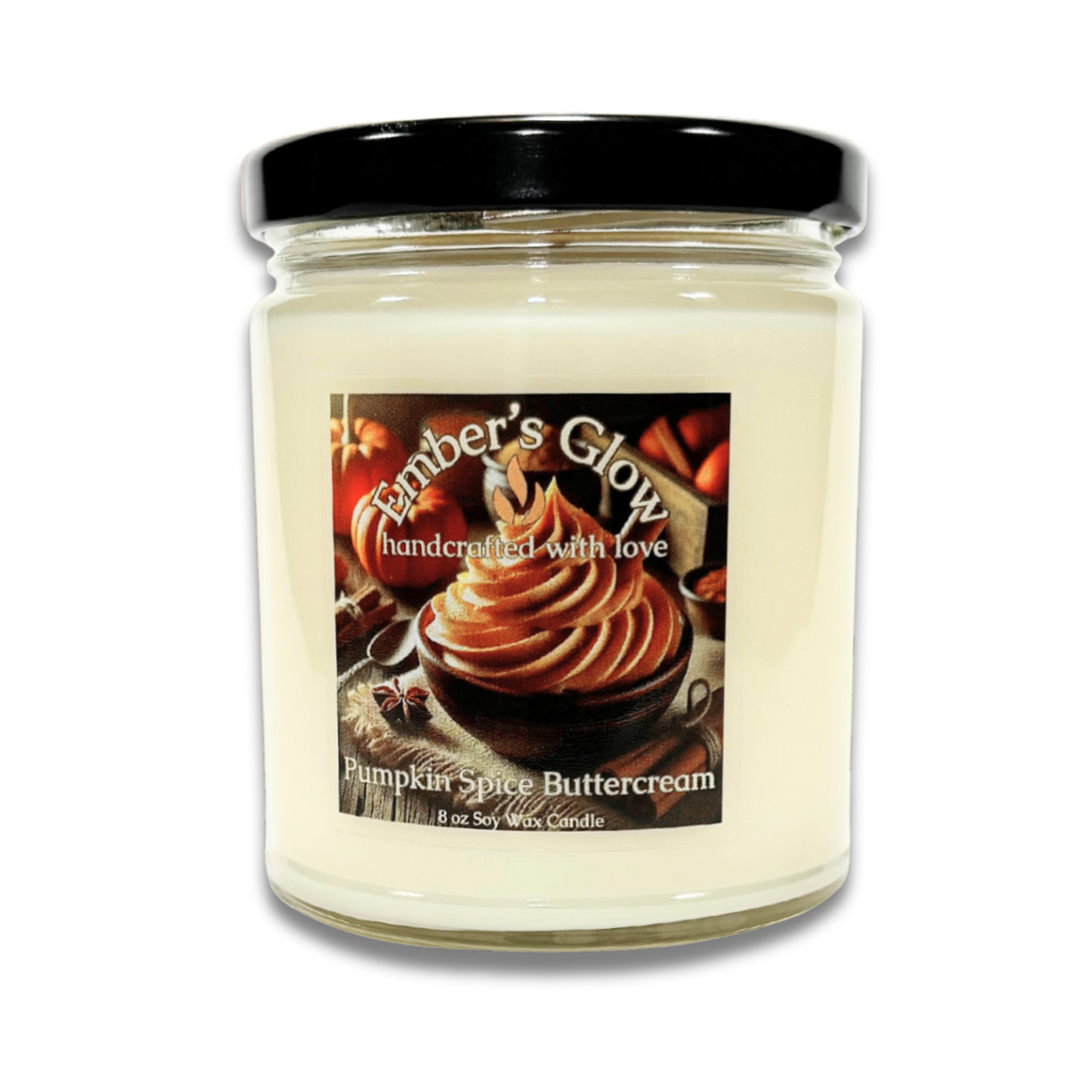 Glass jar candle with Pumpkin Spice Buttercream scent, featuring a blend of sweet buttercream and warm pumpkin spices, perfect for creating a cozy fall atmosphere.