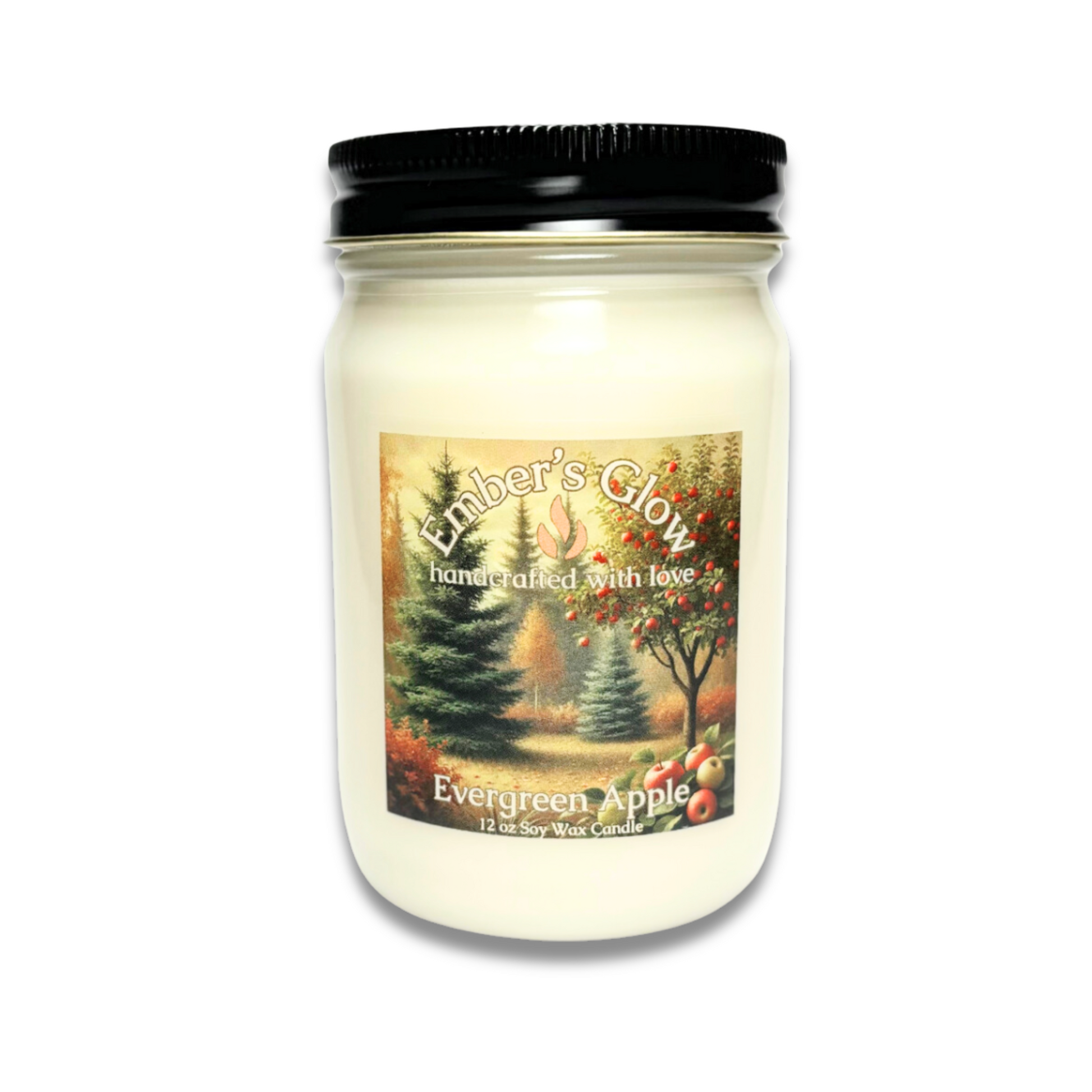 12 oz Evergreen Apple soy candle in a glass jar, hand-poured with natural soy wax, featuring a crisp and festive apple scent.