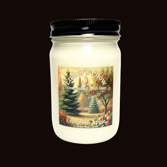 12 oz Evergreen Apple soy candle in a glass jar, hand-poured with natural soy wax, featuring a crisp and festive apple scent.