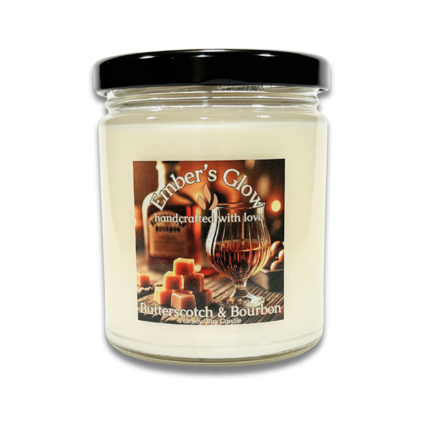 Glass jar candle with Butterscotch & Bourbon scent, featuring sweet butterscotch and warm bourbon, perfect for creating a cozy and sophisticated atmosphere.