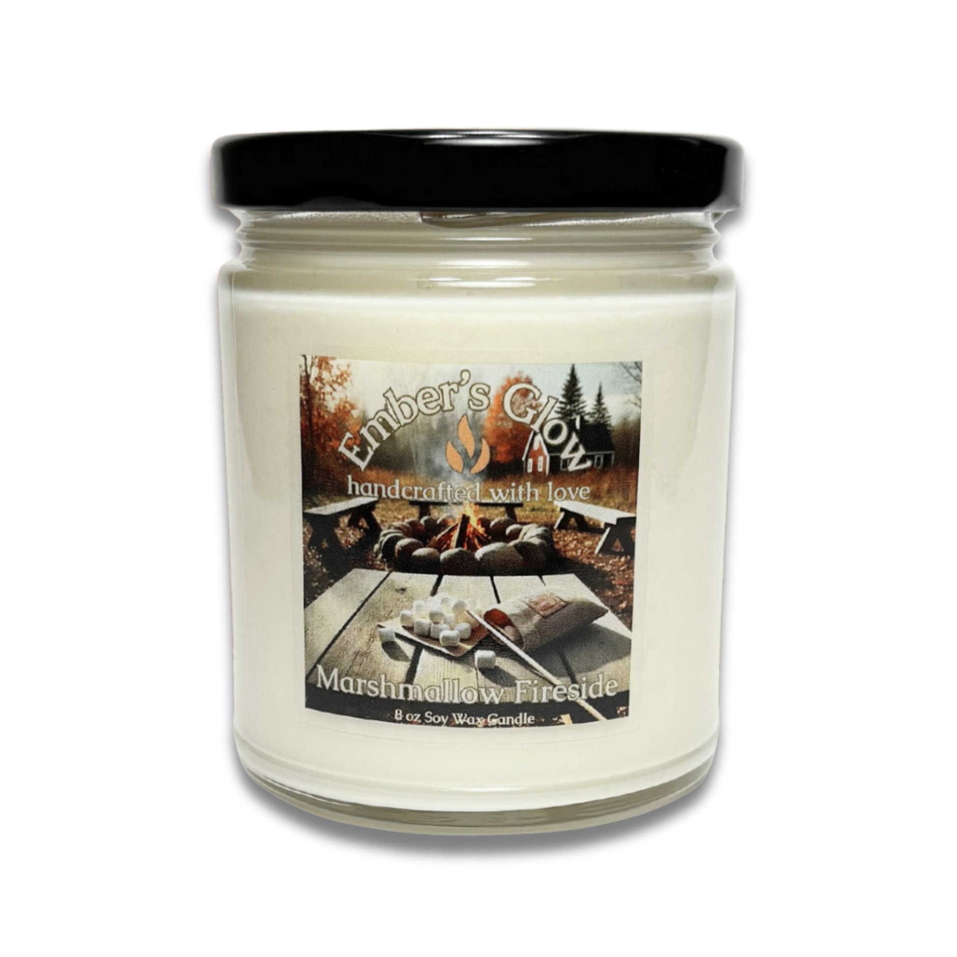 8 oz hand-poured soy candle, Marshmallow Fireside scent, in a glass jar with a warm, cozy-themed label.