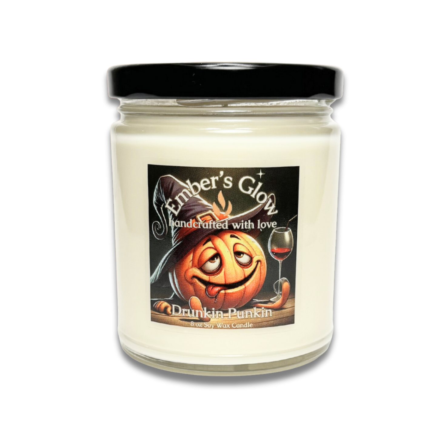 Glass jar candle with Drunken Punkin scent, featuring a blend of spiced pumpkin, vanilla, and bourbon, perfect for creating a cozy and playful fall atmosphere.