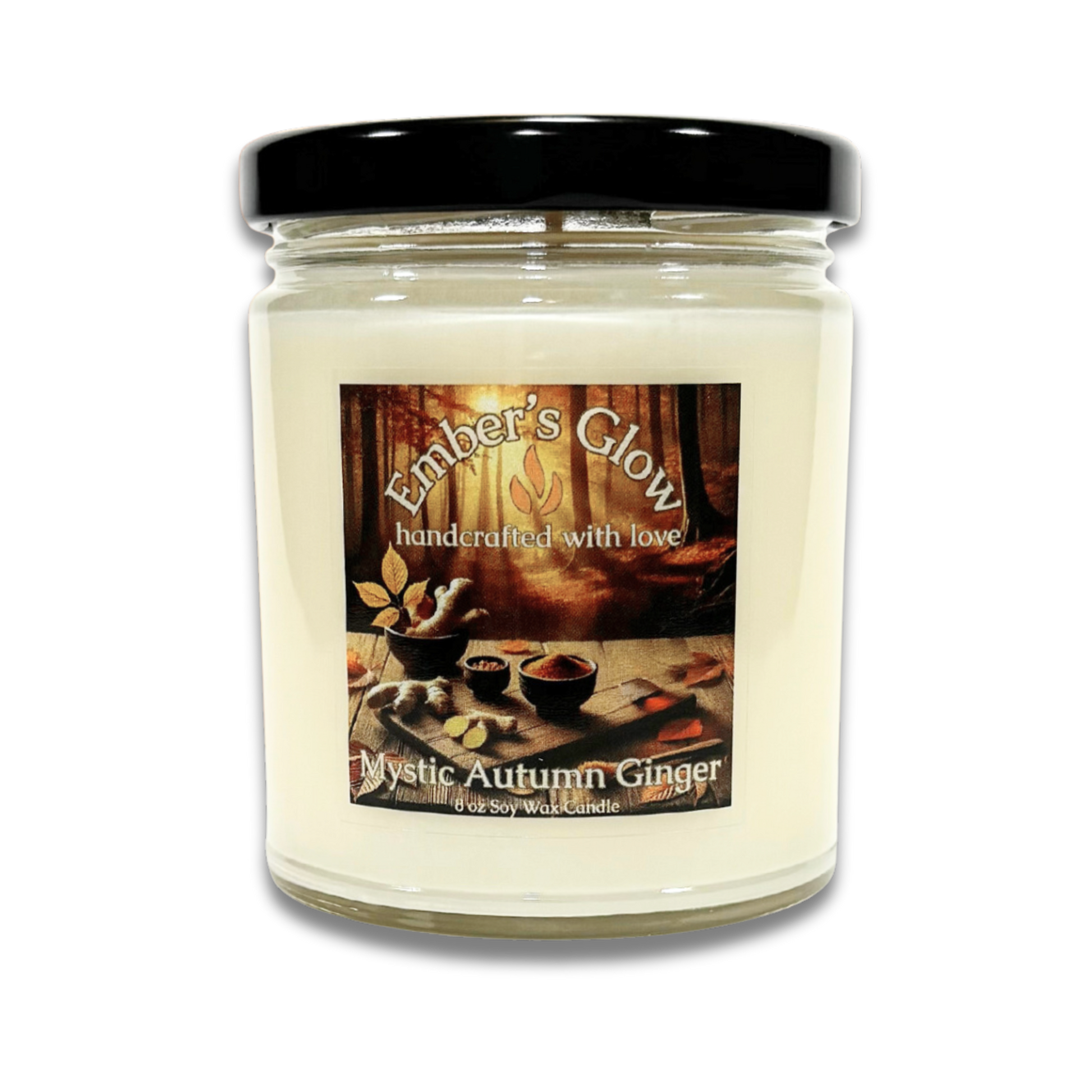 Mystic Autumn Ginger soy candle in a glass jar, hand-poured with natural soy wax, offering a warm and spicy seasonal fragrance.