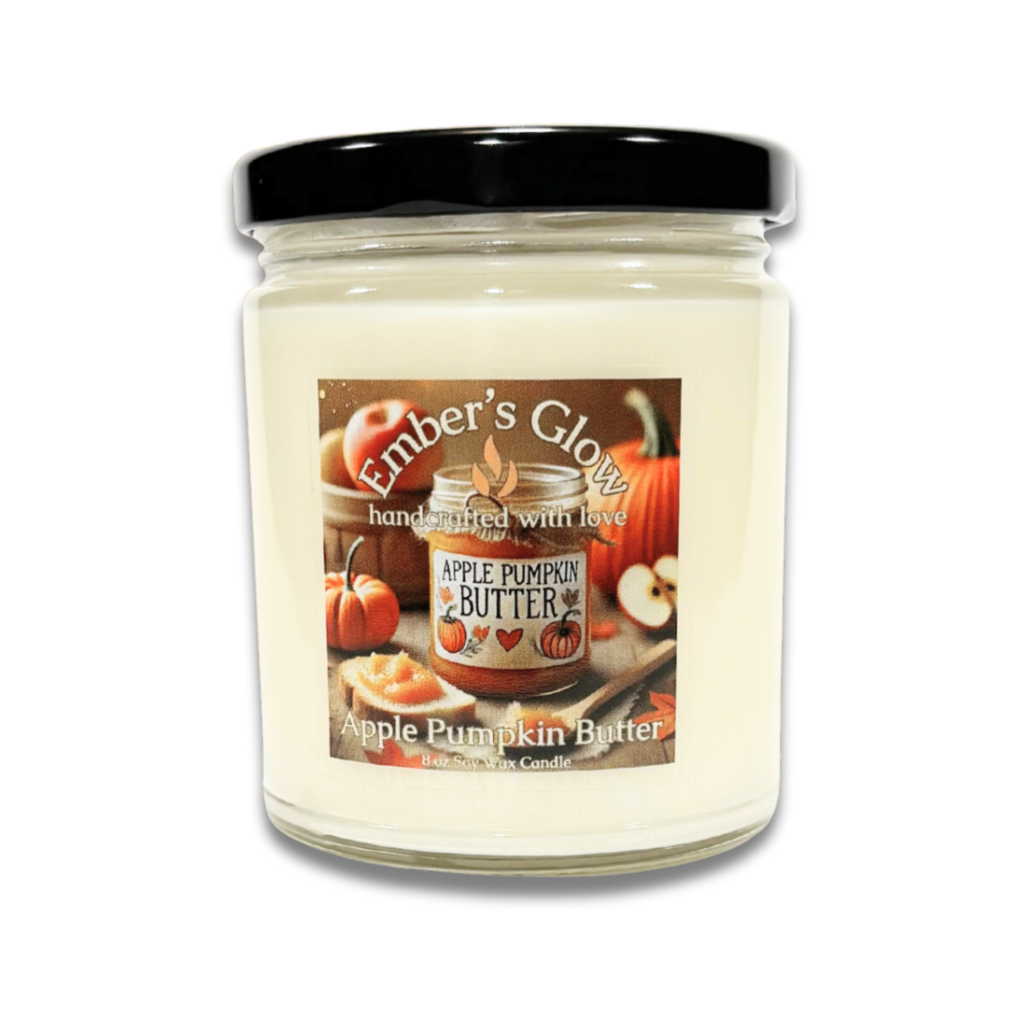 Glass jar candle with Apple Pumpkin Butter scent, featuring spiced apples and creamy pumpkin butter, ideal for creating a warm and cozy fall atmosphere.