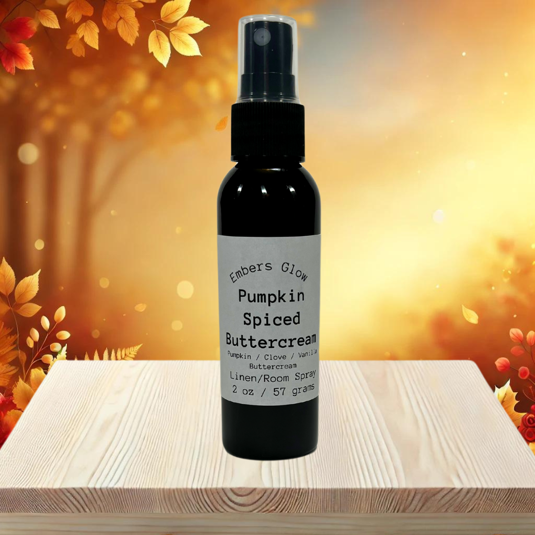 Pumpkin Spiced Buttercream room & linen spray in amber bottle with sweet pumpkin and spice scent for home fragrance.