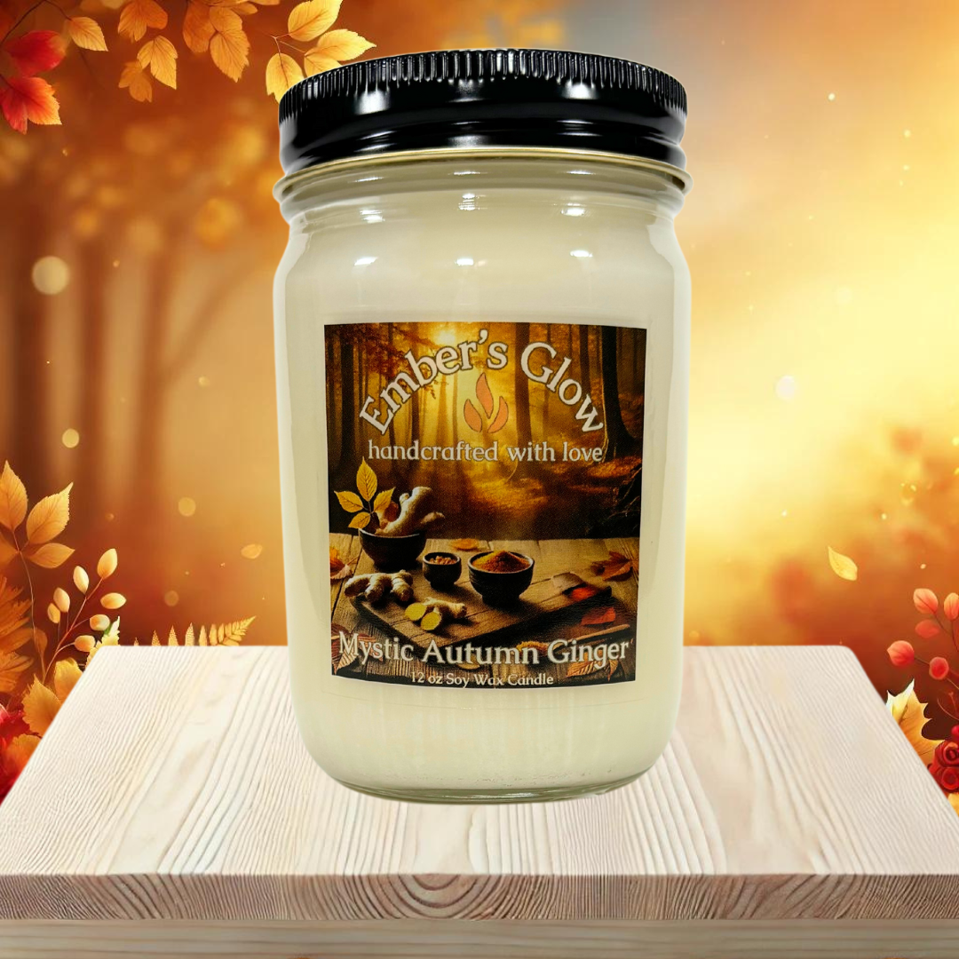 Glass jar candle with Mystic Autumn Ginger scent, featuring spiced ginger and earthy autumn leaves, perfect for creating a warm and cozy fall atmosphere.