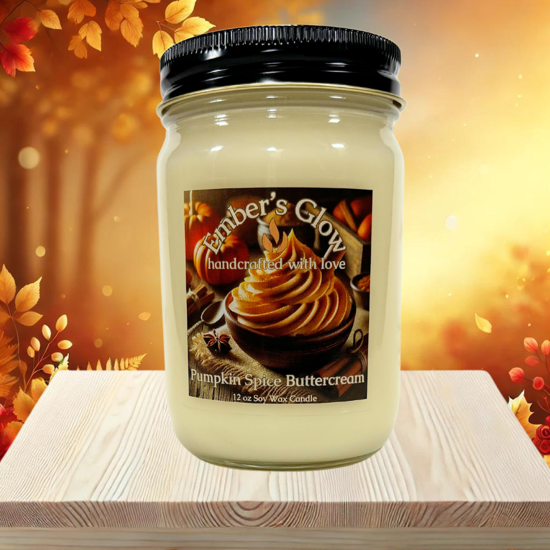 Glass jar candle with Pumpkin Spice Buttercream scent, featuring a blend of sweet buttercream and warm pumpkin spices, perfect for creating a cozy fall atmosphere.