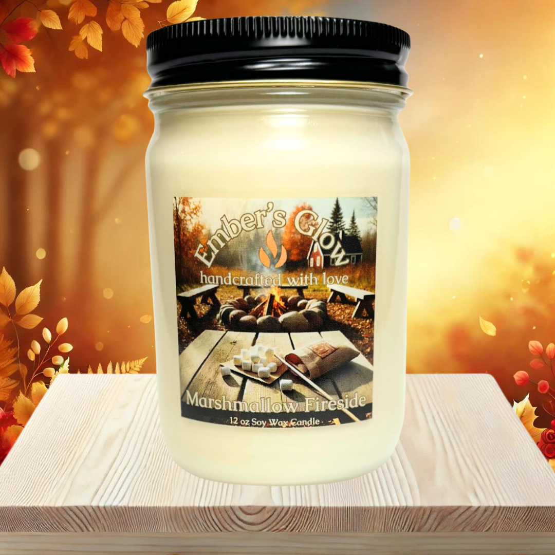 12 oz hand-poured soy candle, Marshmallow Fireside scent, in a glass jar with a warm, cozy-themed label.