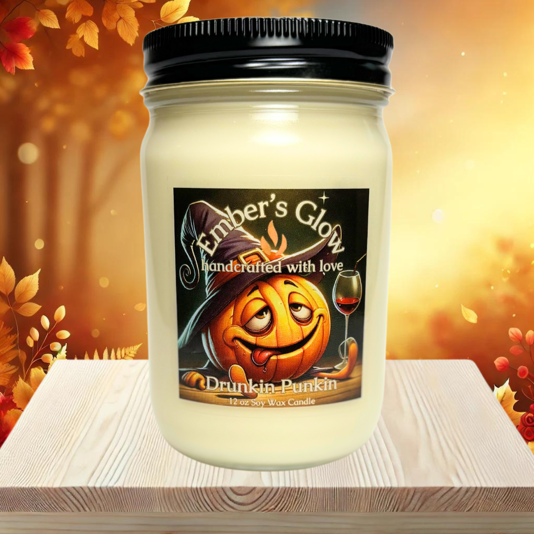 Glass jar candle with Drunken Punkin scent, featuring a blend of spiced pumpkin, vanilla, and bourbon, perfect for creating a cozy and playful fall atmosphere.