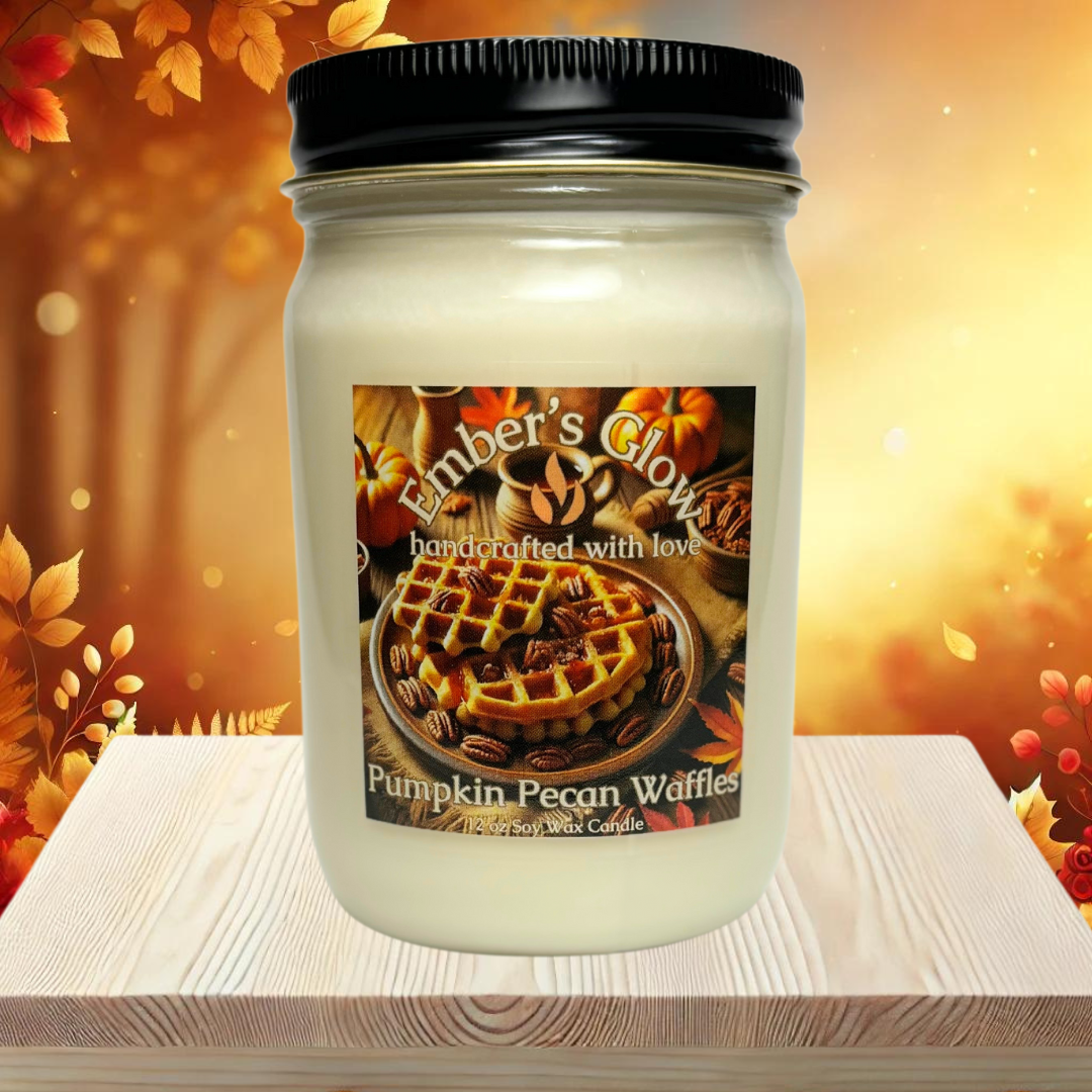 12 oz hand-poured soy candle, Pumpkin Pecan Waffles scent, in a glass jar with a cozy fall-themed label.