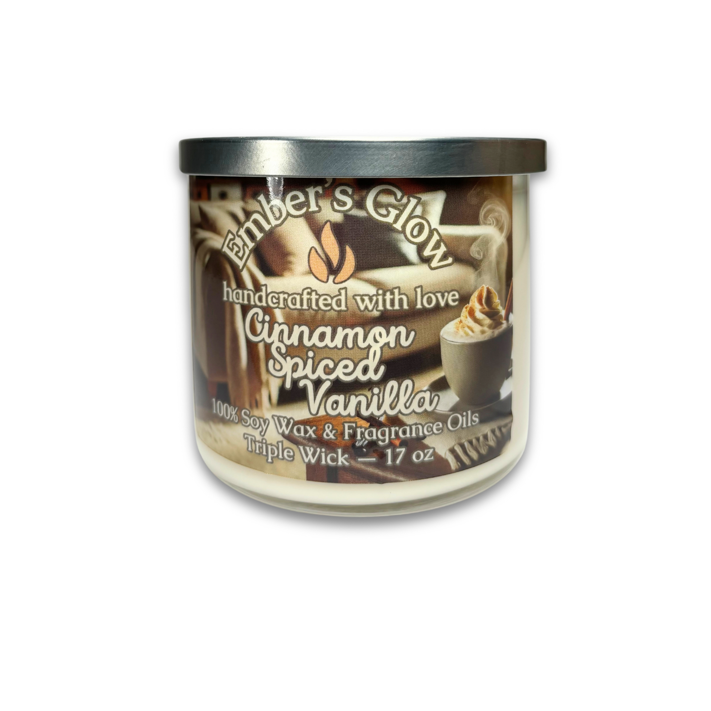 Hand-poured 17 oz three-wick soy wax candle in the Cinnamon Spiced Vanilla scent, blending warm cinnamon with creamy vanilla for a cozy and comforting winter fragrance.