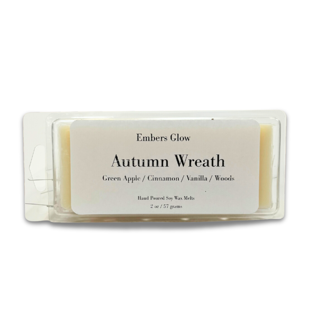 2 oz Autumn Wreath soy wax melts with a cozy blend of fall leaves, pine, and cinnamon, made from natural soy for a long-lasting, eco-friendly fragrance.