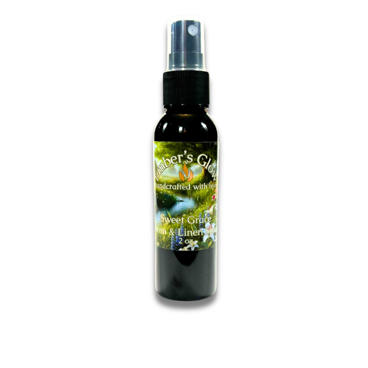 2 oz bottle of Sweet Grace room spray, infused with passion fruit, sparkling tea, and patchouli, offering a warm and refreshing scent perfect for any space.