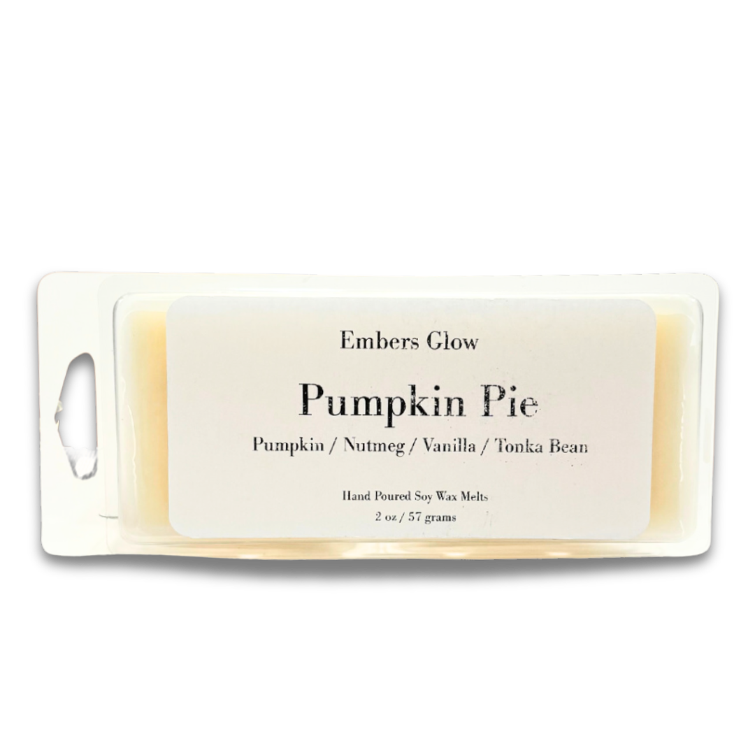 2 oz Pumpkin Pie soy wax melts with a classic blend of spiced pumpkin, cinnamon, and sweet crust notes, made from natural soy for a long-lasting, eco-friendly fragrance.