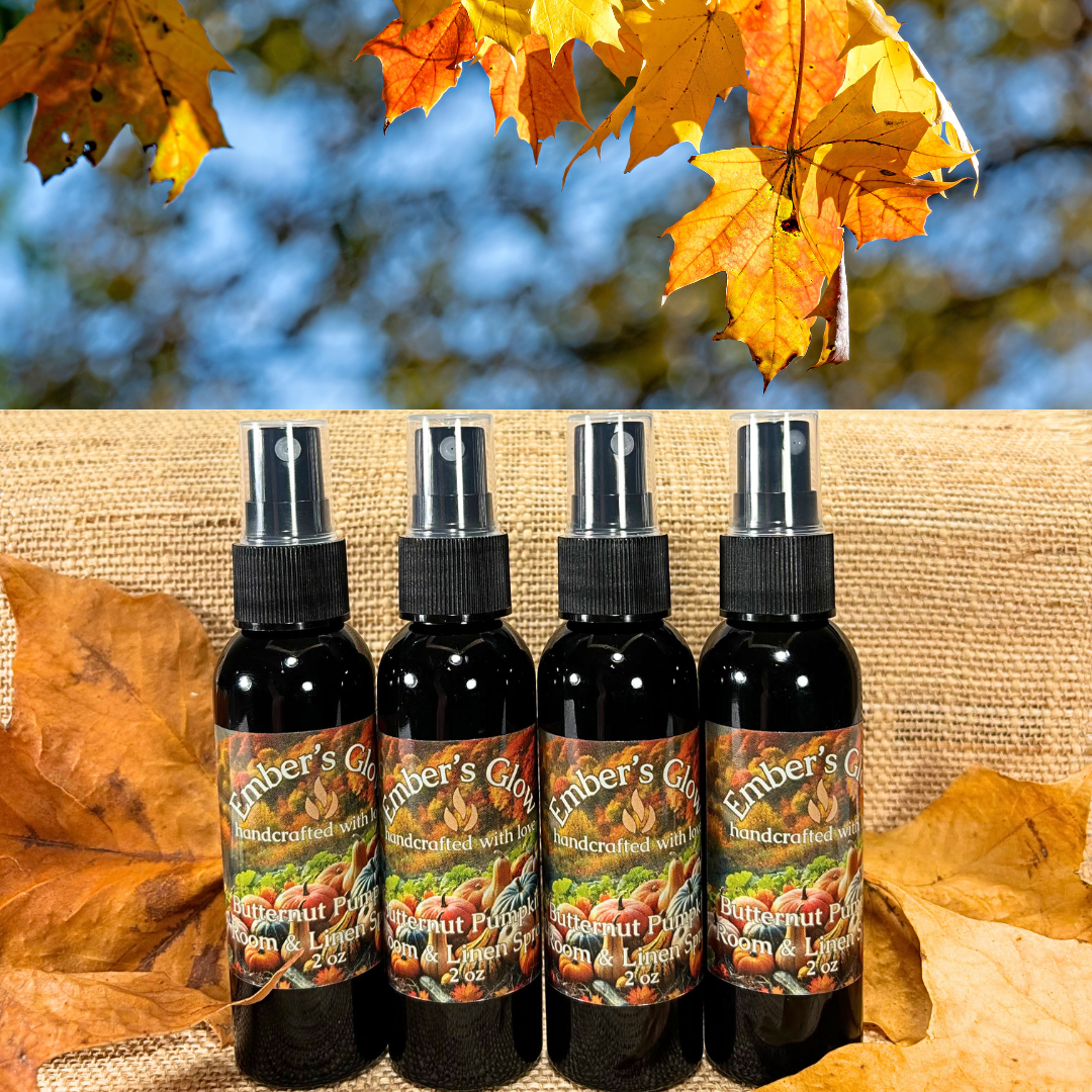 Black spray bottle with Butternut Pumpkin scent, featuring roasted pumpkin, cinnamon, and nutmeg, ideal for refreshing rooms and linens with a warm, autumn fragrance.