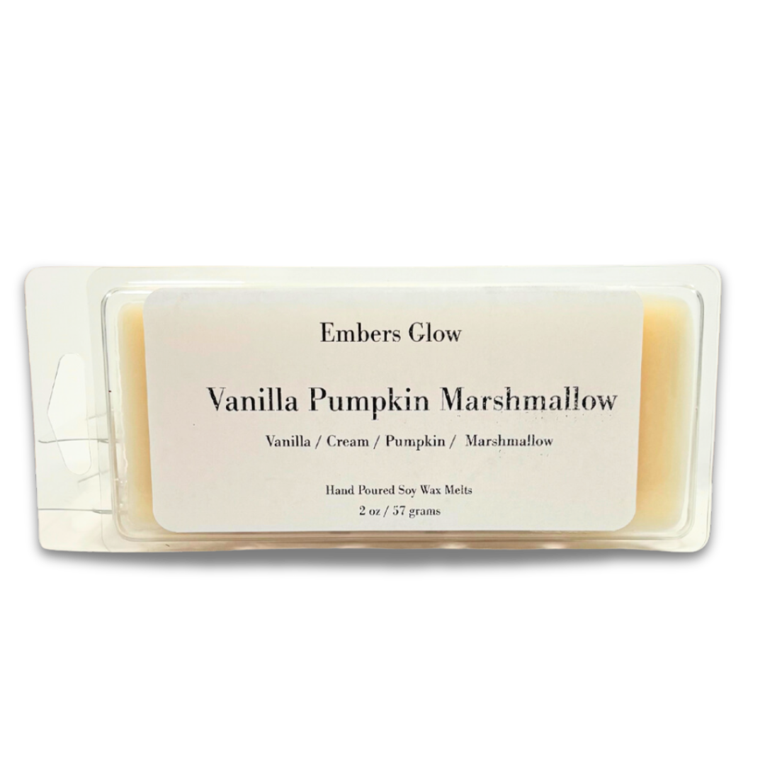 2 oz Vanilla Pumpkin Marshmallow soy wax melts with a warm blend of sweet vanilla, spiced pumpkin, and fluffy marshmallow, made from natural soy for a long-lasting, eco-friendly scent experience.