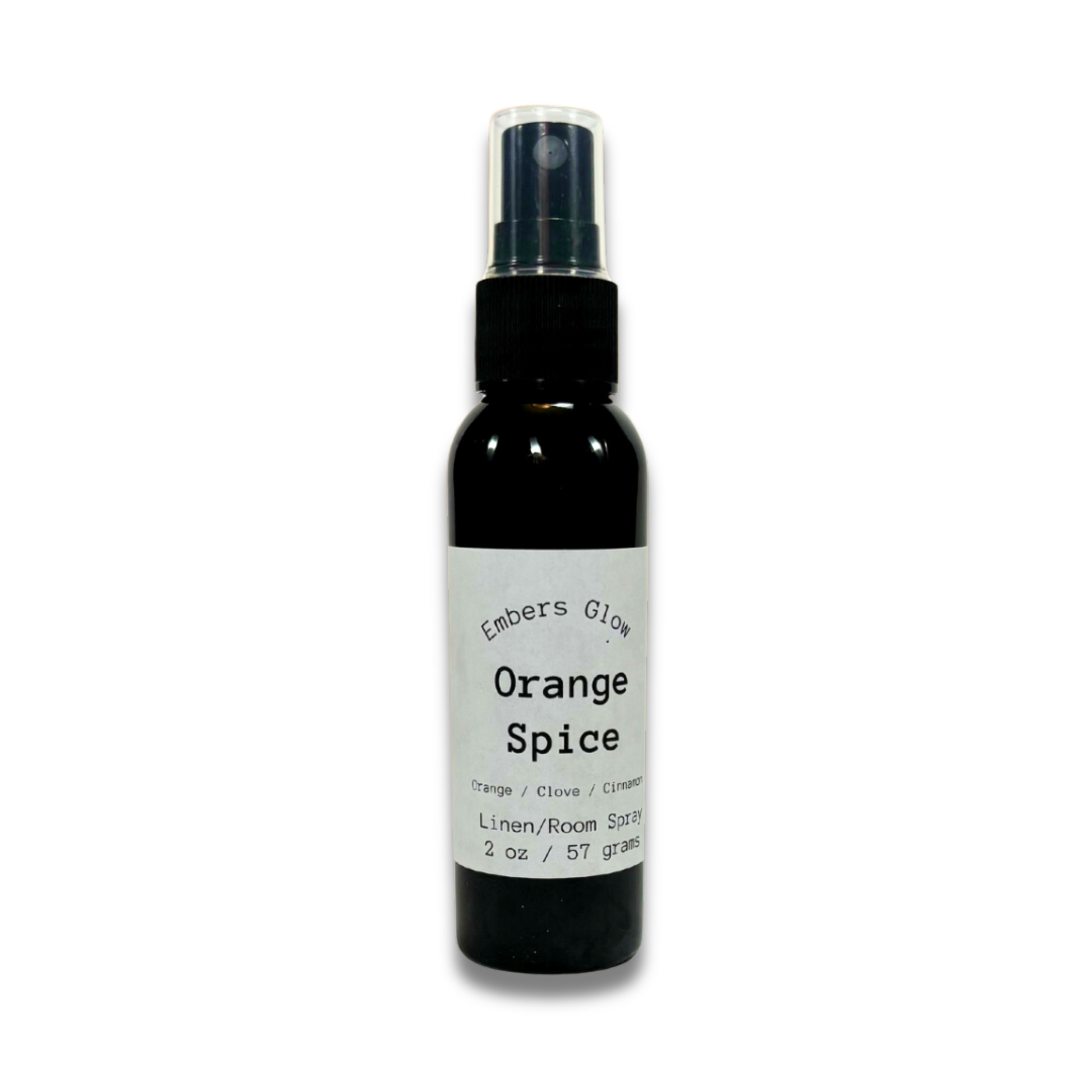 2 oz bottle of Orange Spice room spray, with bright orange zest, warm cinnamon, and clove, finished with soft vanilla and sandalwood undertones—perfect for adding a cozy, festive touch to any space.