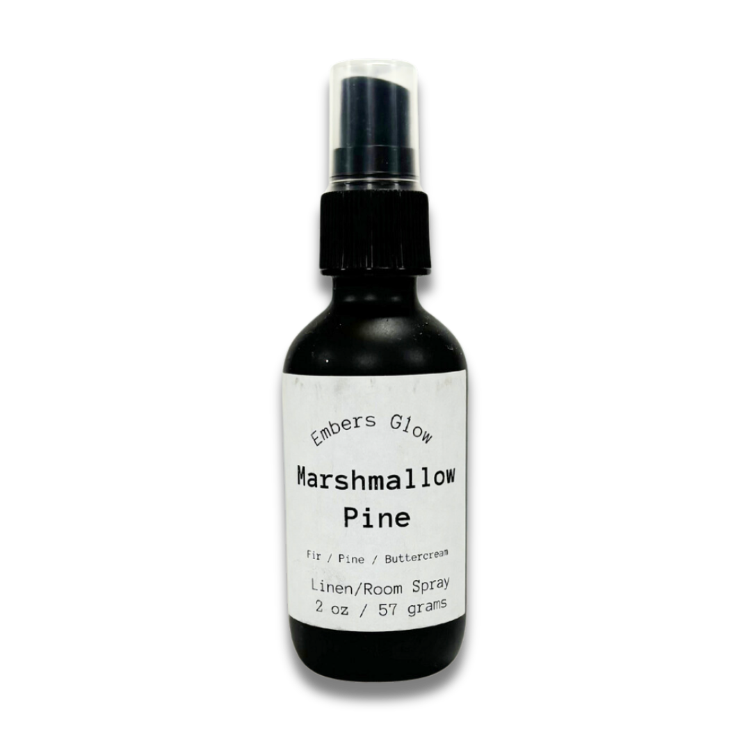 2 oz Winter Room & Linen Spray in Marshmallow Pine scent, combining sweet marshmallow with fresh pine for a cozy, festive fragrance. Long-lasting and eco-friendly, perfect for seasonal freshness.